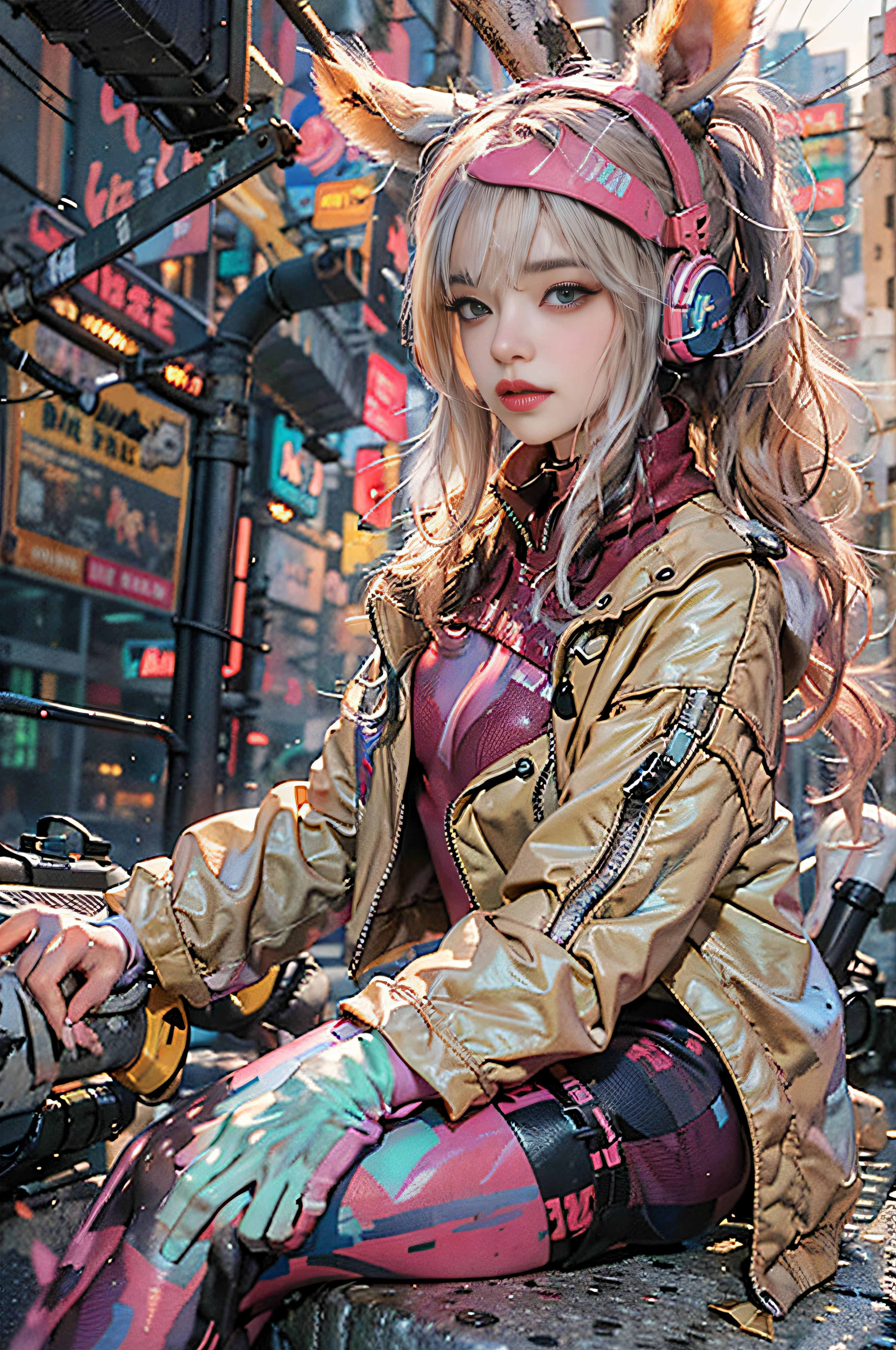 (Photo brute, Best quality, Masterpiece:1.2), (Realstic, photo-realistic:1.4),(Masterpiece:1.4),(Best quality:1.4),1fille, seulement, :D, animal ear headphones, arms up, frange, rougir, boDy, poitrine, Pose De lapin, clothes writing, nombril couvert, Tir De cowboy, cropped jacket, Gants, (((Cyberpunk City Streets Contexte))), Prises capillaires, casque, Combinaison impossible, impossible clothes, veste, gros seins, latex, Combinaison en latex, cheveux longs, manches longues, RegarDer le spectateur, gros seins, Gants multicolores, ouvrir bouche, boDy rose, yeux roses, veste rouge, glowing clothes, shrug \(Clothes\), sidelocks, peau tenDue, sourire, thigh gap, Cuisses, Twintails, very long hair, Gants blancs, cheveux blancs,Alice \(hocher\),(peau brillante),Realstic.