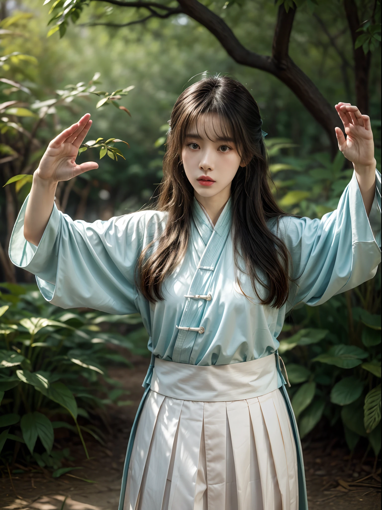 (Beautiful girl practicing Tai Chi Kung Fu pose in the park: 1.2), (Hanfu, Ming dynasty clothing, traditional garb，white colors，White practice uniform), Infrared photography, Graphic design, poster for, fine art, vivd colour, 1.4x realism，hyper HD，Textured skin，(anatomy correct，Accurate and perfect Korean female face，Golden ratio), tianfeng1