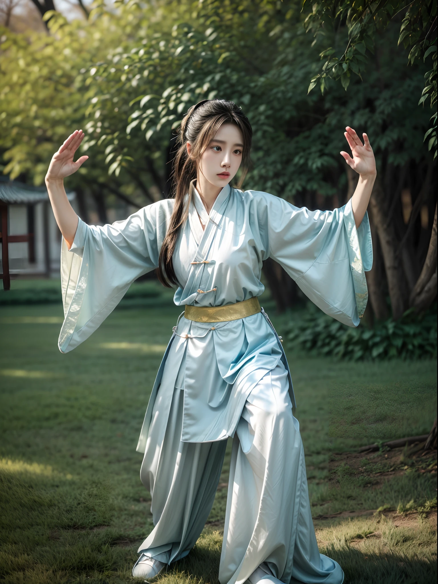 (Beautiful girl practicing Tai Chi Kung Fu pose in the park: 1.2), (Hanfu, Ming dynasty clothing, traditional garb,white colors,White practice uniform), Infrared photography, Graphic design, poster for, fine art, vivd colour, 1.4x realism,hyper HD,Textured skin,(anatomy correct,Accurate and perfect Korean female face,Golden ratio), tianfeng1