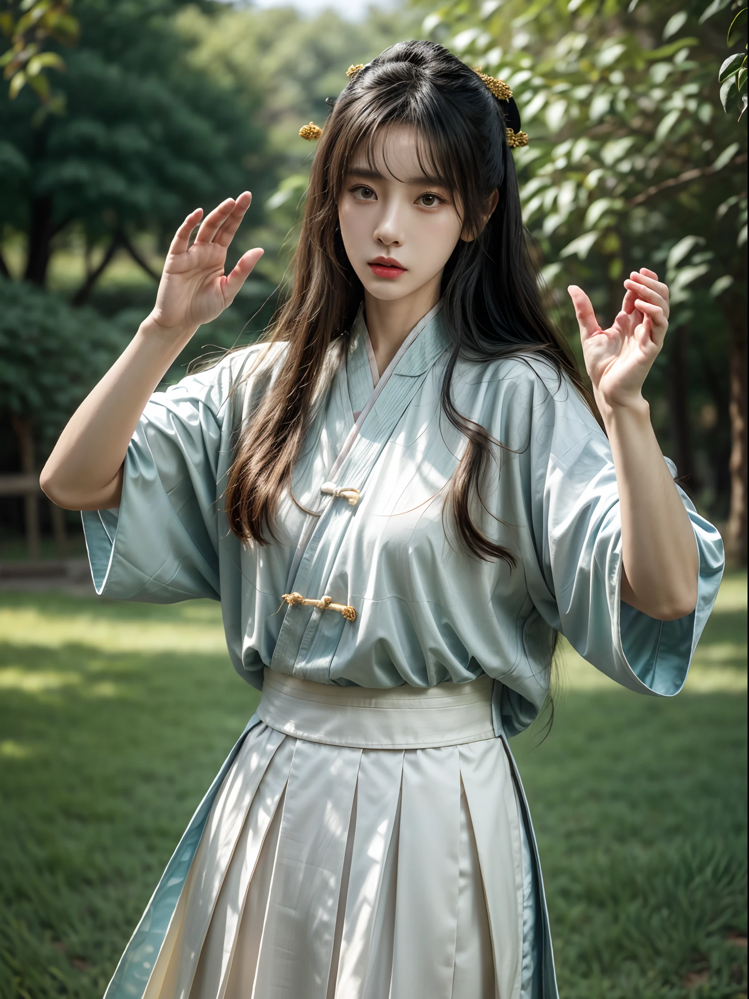 (Beautiful girl practicing Tai Chi Kung Fu pose in the park: 1.2), (Hanfu, Ming dynasty clothing, traditional garb,white colors,White practice uniform), Infrared photography, Graphic design, poster for, fine art, vivd colour, 1.4x realism,hyper HD,Textured skin,(anatomy correct,Accurate and perfect Korean female face,Golden ratio), tianfeng1