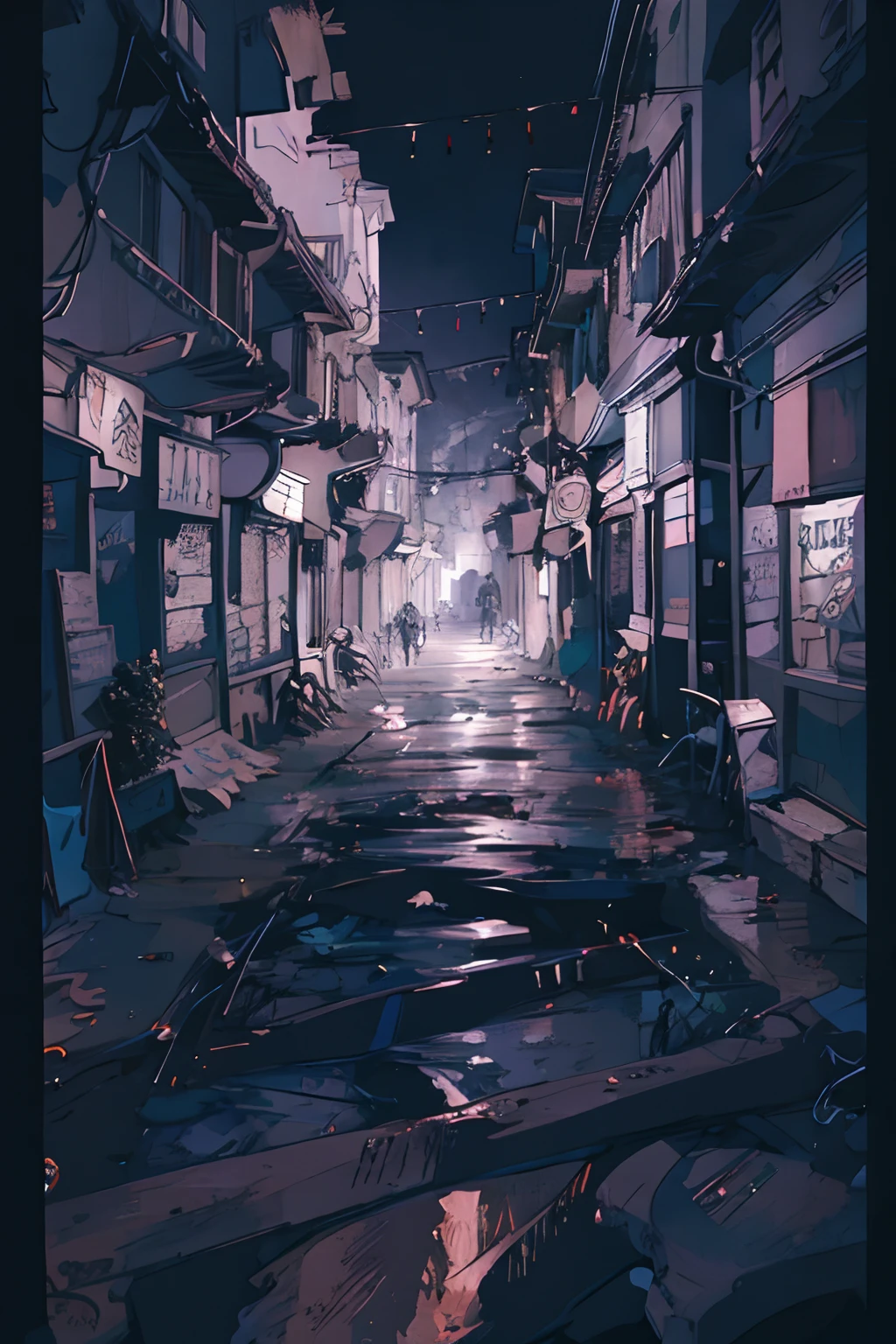 Expressive digital painting, Ville of Sao Paulo, taudis, pollution, ordures, Rues tortueuses, Narrow street, Substances, Ruelles,Chaos visuel, larger image, Antennes (Image panoramique de loin) intricate high detail, Composition verticale, Intertwined Electrical Wires,