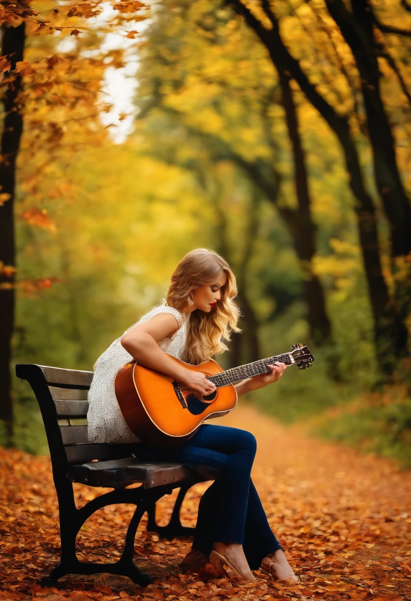 a beauti,autumn forest,Autumn leaves fall,serenity and calm,Natural portrait,Medium focus lens,at dusk at golden hour,artsy photography,Oil painting effect,Natural light,Late to catch one,Beautiful picture. Hyper realistic. Taylor Swift On a bench playing guitar