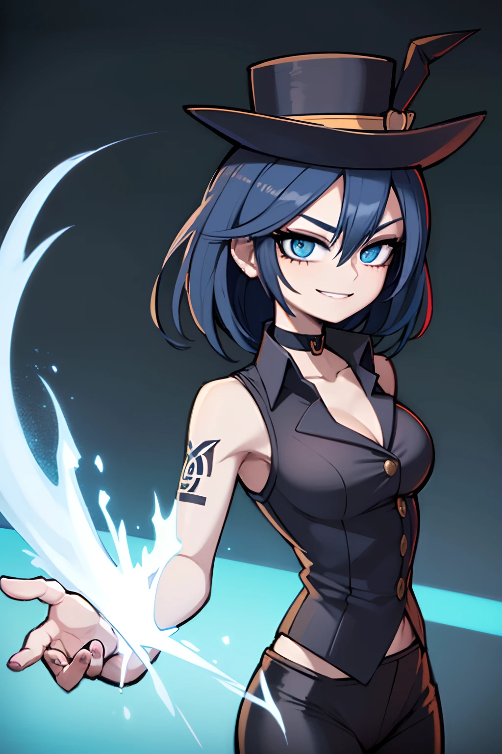 (best quality,4k,highres:1.2),ultra-detailed,anime style,magician-themed,blue-haired,smiling,blue-eyed,black top hat,black blazer,buttoned-up shirt,black leggings,assistant magician,playful,magical atmosphere,black tattoo,body art,good anatomy,dazzling colors,sharp focus,professional lighting