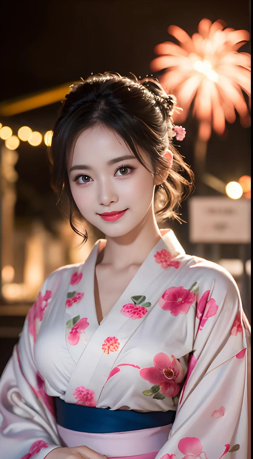 (8K、Raw photography、top-quality、​masterpiece:1.2)、(reallistic、Photorealsitic:1.37)、The ultra -The high-definition、1 girl in、cute little、独奏、natta、Sitting、date、(Nasal redness)、(A smile:1.1)、(Closed)、Colossal tits、beautidful eyes、(short-hair:1.2)、(((Fireworks in the sky、natta)))、(((Kimono、Yukata)))、cleavage on the chest、perfect bodies、Perfect fingers、profetional lighting、goddess of Japan、gravure、Detailed face and skin texture、A detailed eye、Raw photo