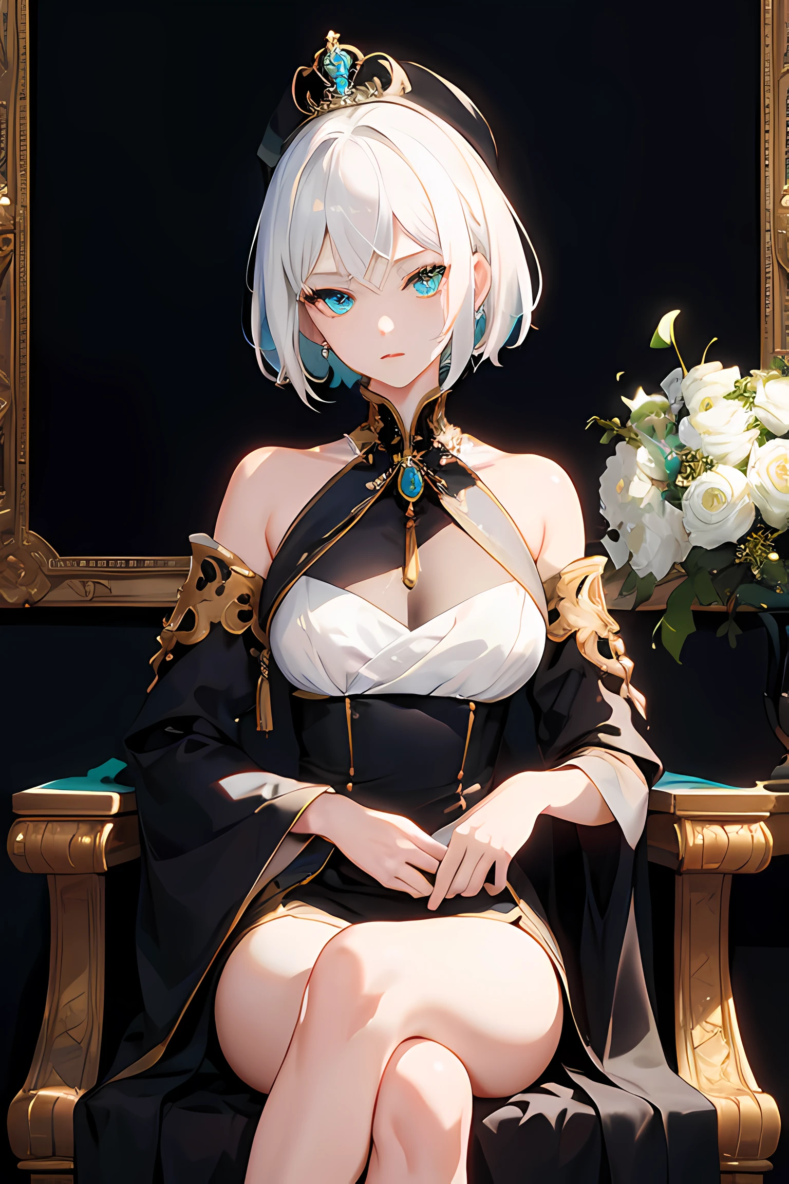 masterpiece, high quality, illustration, extremely detailed, cg unity 8k, 1_woman, (upper body), sitting, (Caucasian skin_complexion:1.4),mature, statuesque, tall, beautiful, exotic, (((facing the viewer))), centered shot, portrait shot, looking at viewer, large breasts, nsfw, chest window, ((cleavage)), and halter dress, black ((diaphanous sparkling dress)) with gold trim, crown, black knee_high boots, ((white embroidery elbow gloves)), long white hair, realistic and detailed face having (yellow eyes), ((dark_eyeliner)), long_eyelashes), (worried eyes), vanity_table, vanity mirror, reflection, sitting in_front of vanity, natural dynamic lighting casts detailed shadows, marble walls, fancy bedroom,