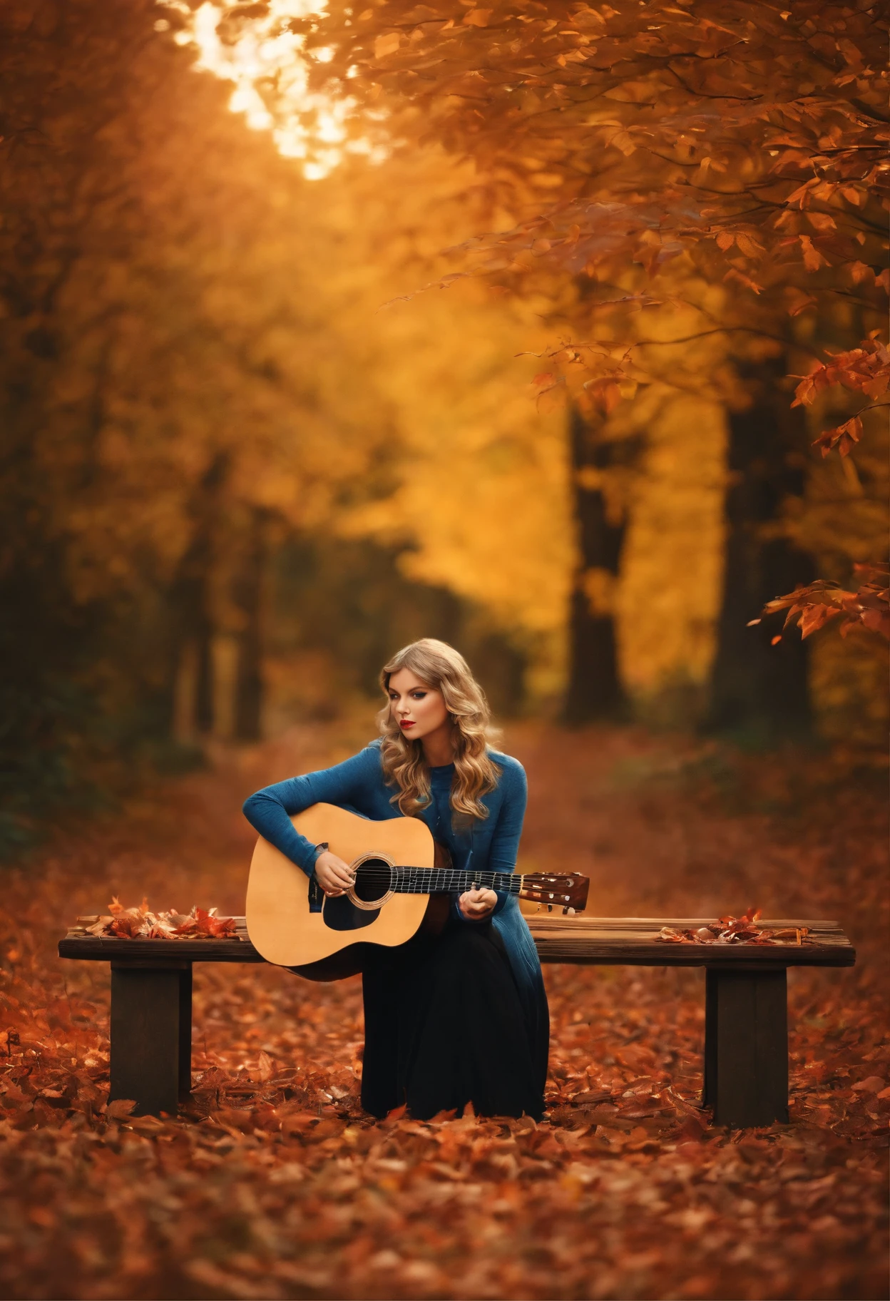 a beauti,autumn forest,Autumn leaves fall,serenity and calm,Natural portrait,Medium focus lens,at dusk at golden hour,artsy photography,Oil painting effect,Natural light,Late to catch one,Beautiful picture. Hyper realistic. Taylor Swift On a bench playing guitar