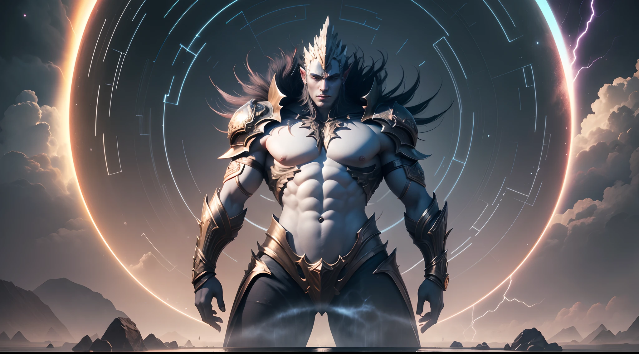 Giant African god of rain and lightning flying in the sky among dark clouds, lightning striking all over his body, eyes glowing white, moon shining, with iridescent light, cinematic lighting, artgerm style, 32k, ultra HD, unreal engine rendered, hyper-realistic image, octane 3d rendering --auto --s2