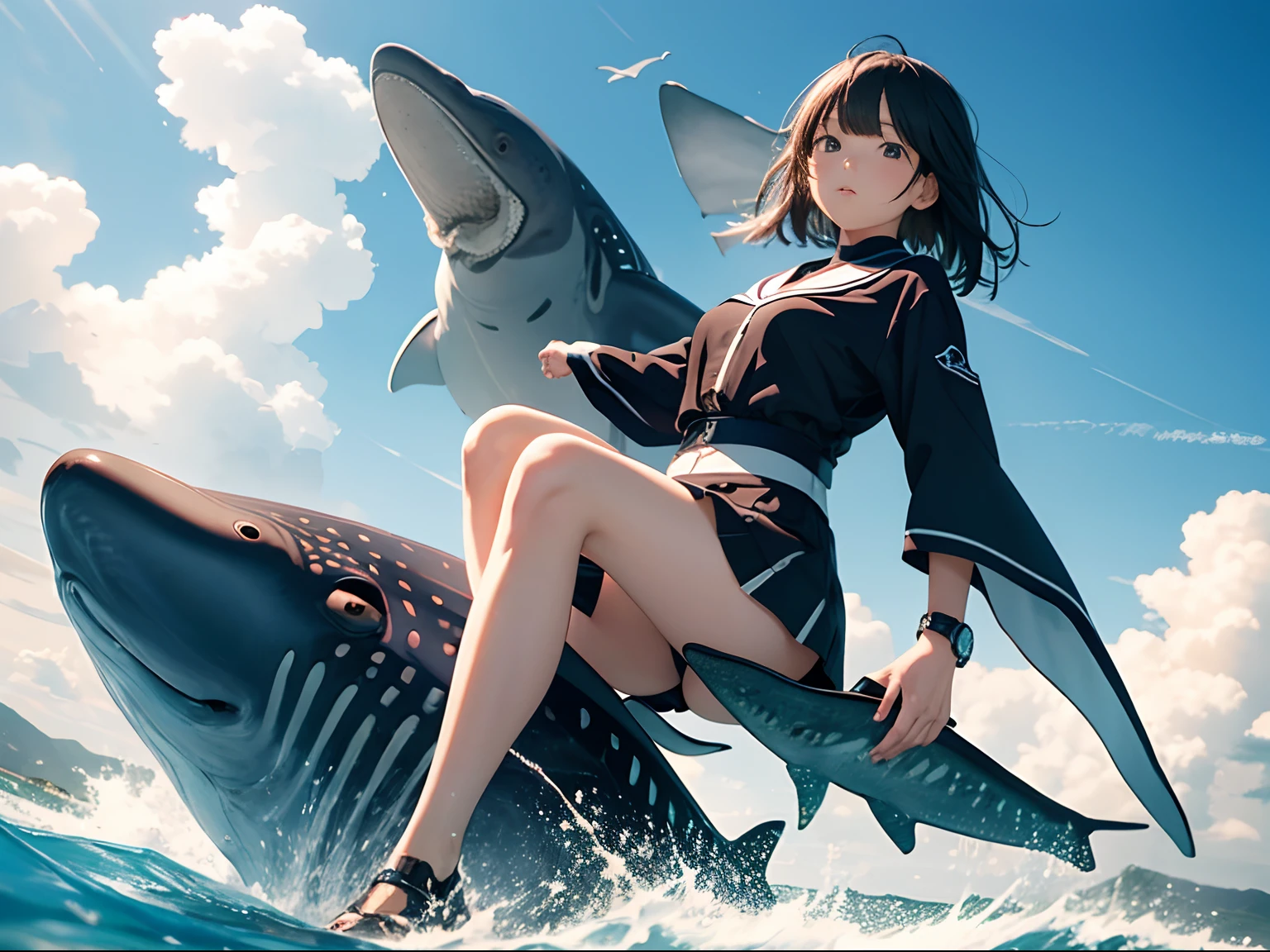 Christian Riese Lassen, Katsuhiro Otomo, Margaret Tarrant, Surreal, mysterious, strange, fantastical, fantasy, Sci-fi, Japanese anime, whale shark swimming in the air, beautiful high school girl in a miniskirt riding a whale shark, perfect voluminous body, blue sky, clouds, Tokyo Tower, bird's eye view, hyper detailed masterpiece high resolution definition quality, depth of field cinematic lighting