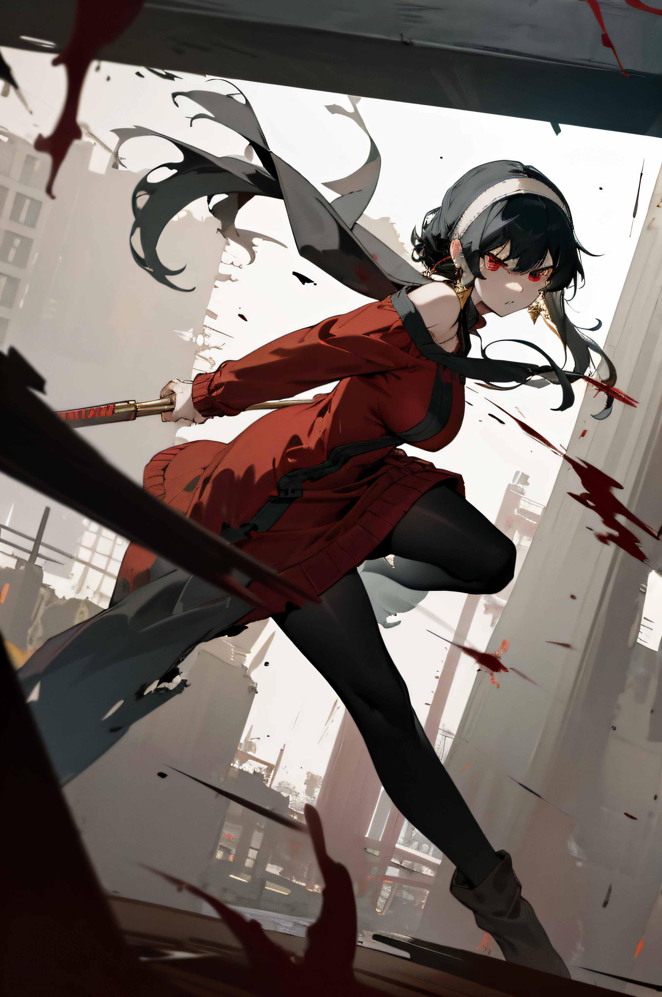 masterpiece, best quality, highres, bbyorf, short hair with long locks, white hairband, red eyes,black hair,gold earrings, large breasts, jewelry, off shoulder, red sweater, sweater dress, long sleeves, black pantyhose,with two golden weapons, blood,standing,dynamic pose,blood, serious face, cold expression,angry, dark illumination, flying blood,background of destroyed site,destroyed city fund,dynamic view,tilted forward,legs open, foot resting on a surface,torn clothes