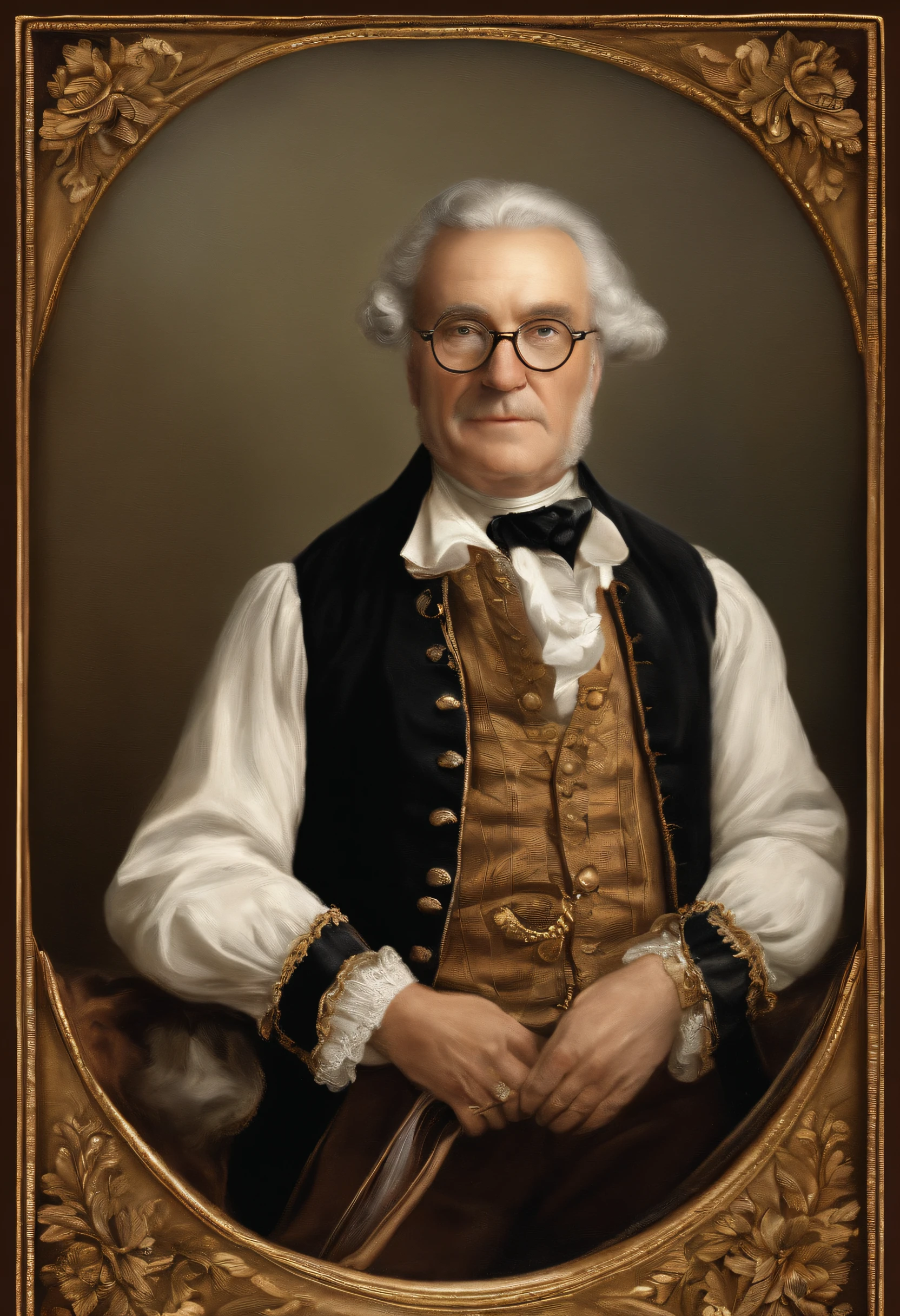 Make an old white man, com barba grisalha, com roupas estilo anos 1770, que usa uma cartola preta, uma gravata borboleta preta, um terno com um tom marrom escuro, faded black pants, One Eye Glasses, black pointed-toe shoes and a pocket watch