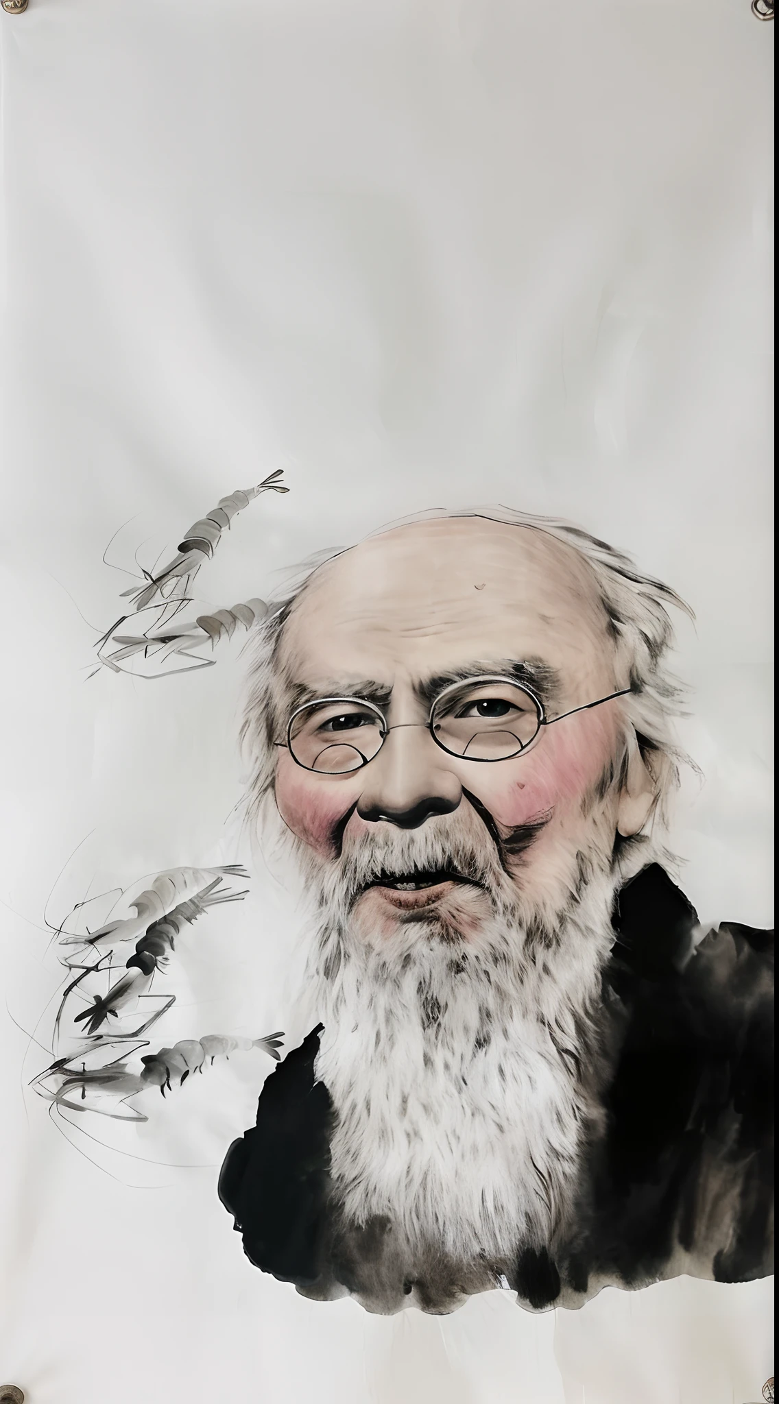 Draw one with a beard、Man with glasses and a cat, qi baishi style, Inspired by Qi Baishi, inspired by Chen Hongshou, inspired by Hu Jieqing, author：Li Zai, author：Ni Zan, inspired by Hu Zao, inspired by Zhang Shengwen, chinese artist, bo xun ling, inspired by Wu Daozi