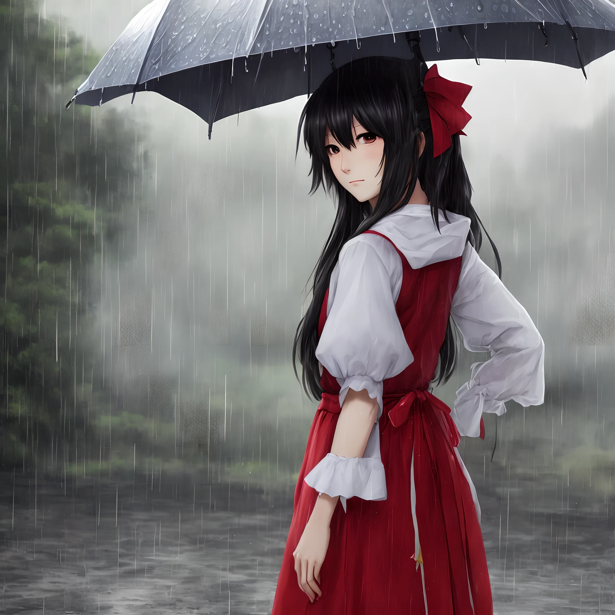 Reimu Hakurei from Touhou Project with designer clothes on, and in the rain looking sad.