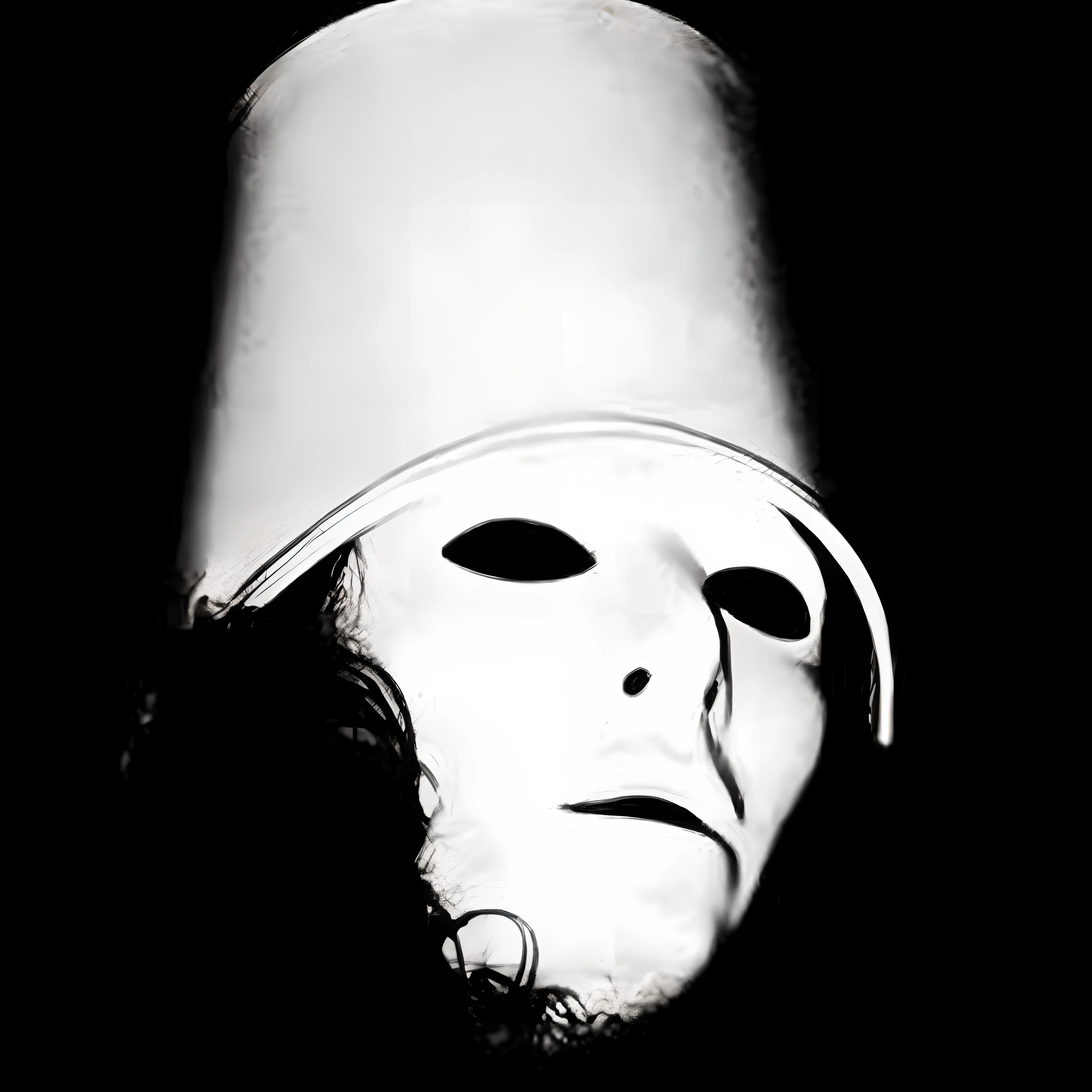A closeup of a person wearing a white mask and a white hat, bucket head, rosto branco, white mask, white head, alternate album cover, ghost mask, no head, foto de perfil, an album cover, Pill Head, Deus torcido sem rosto, buckethead, pessoa mascarada no canto, pale white face, Fotos de Imprensa, Yoko Taro
