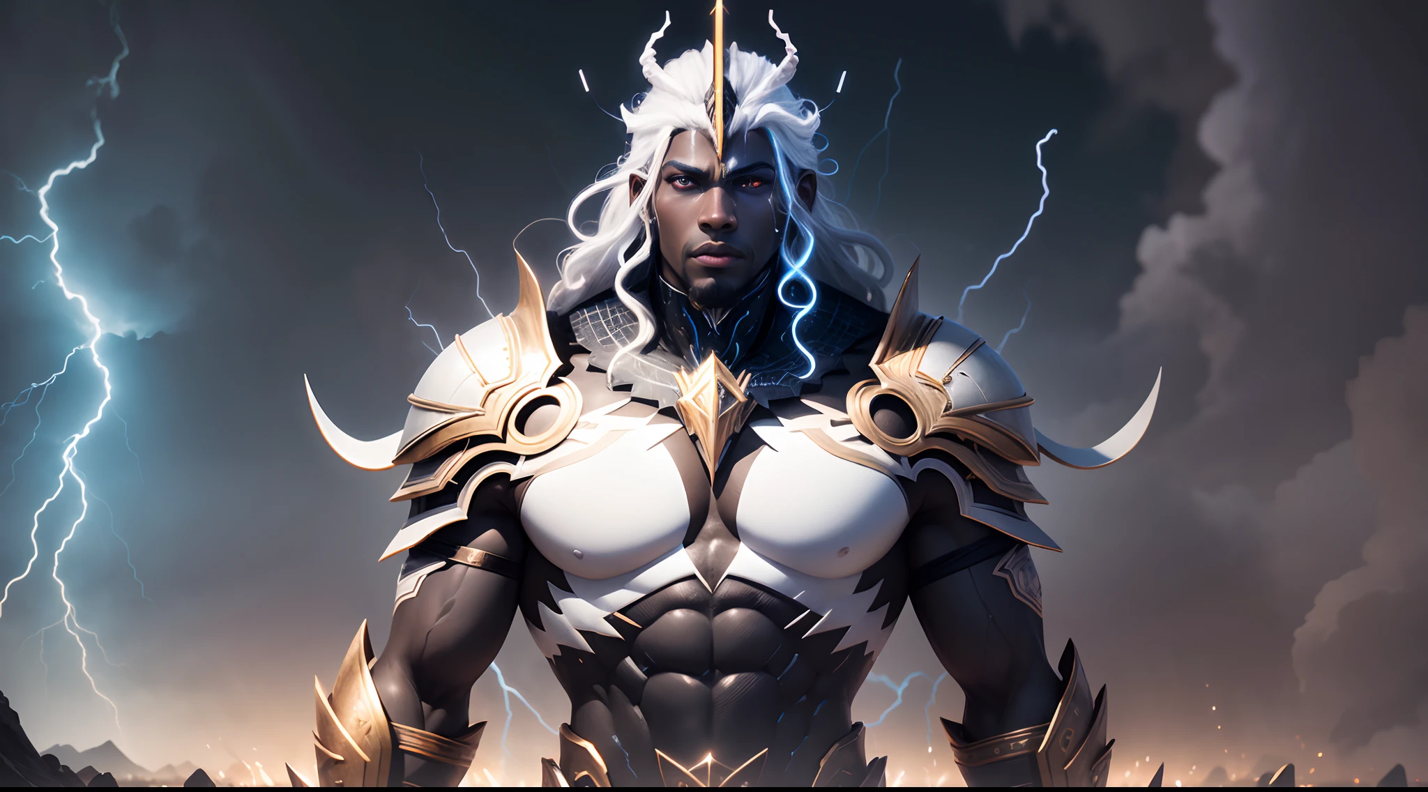 Giant African god of rain and lightning flying in the sky among dark clouds, lightning striking all over his body, eyes glowing white, moon shining, with iridescent light, cinematic lighting, artgerm style, 32k, ultra HD, unreal engine rendered, hyper-realistic image,  octane 3d rendering --auto --s2