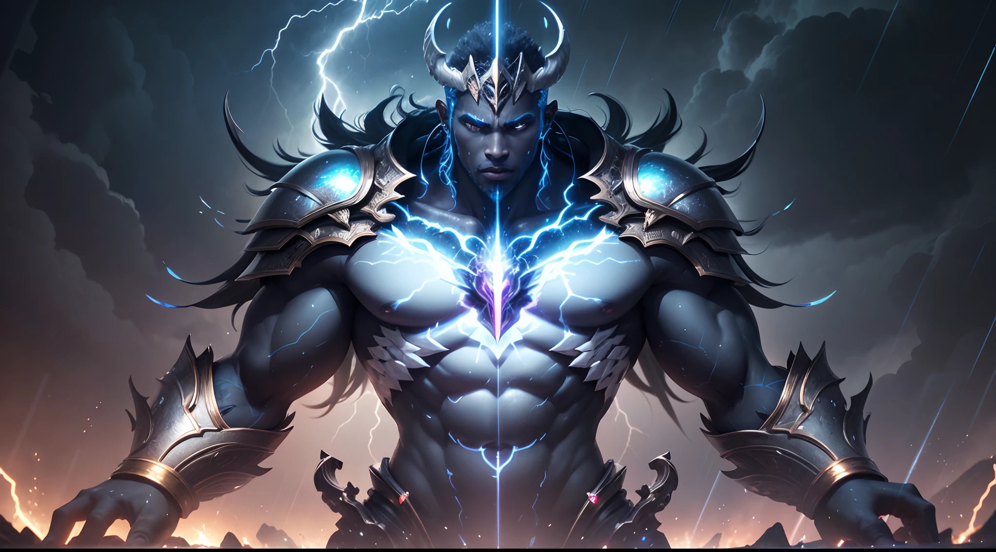 Giant African god of rain and lightning flying in the sky among dark clouds, lightning striking all over his body, eyes glowing white, moon shining, with iridescent light, cinematic lighting, artgerm style, 32k, ultra HD, unreal engine rendered, hyper-realistic image, octane 3d rendering --auto --s2