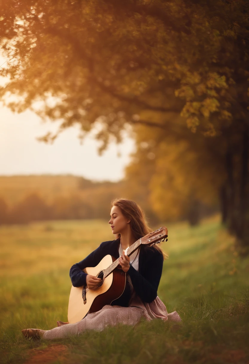 High school girl playing guitar in the countryside