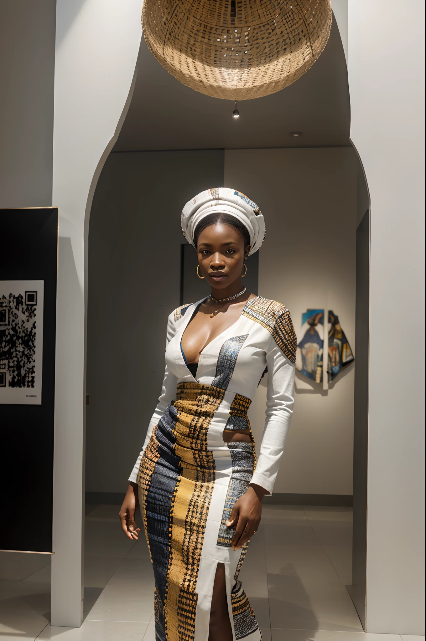 African woman dressed in African designed clothes, standing in museum full of QR code sculptures, white scene and white background with a mix of different colours, QR code wallpapers and tiles and art work all over the room, light shining with iridescent light, 32k, ultra HD, unreal engine rendered, cinematic lighting, artgerm style,