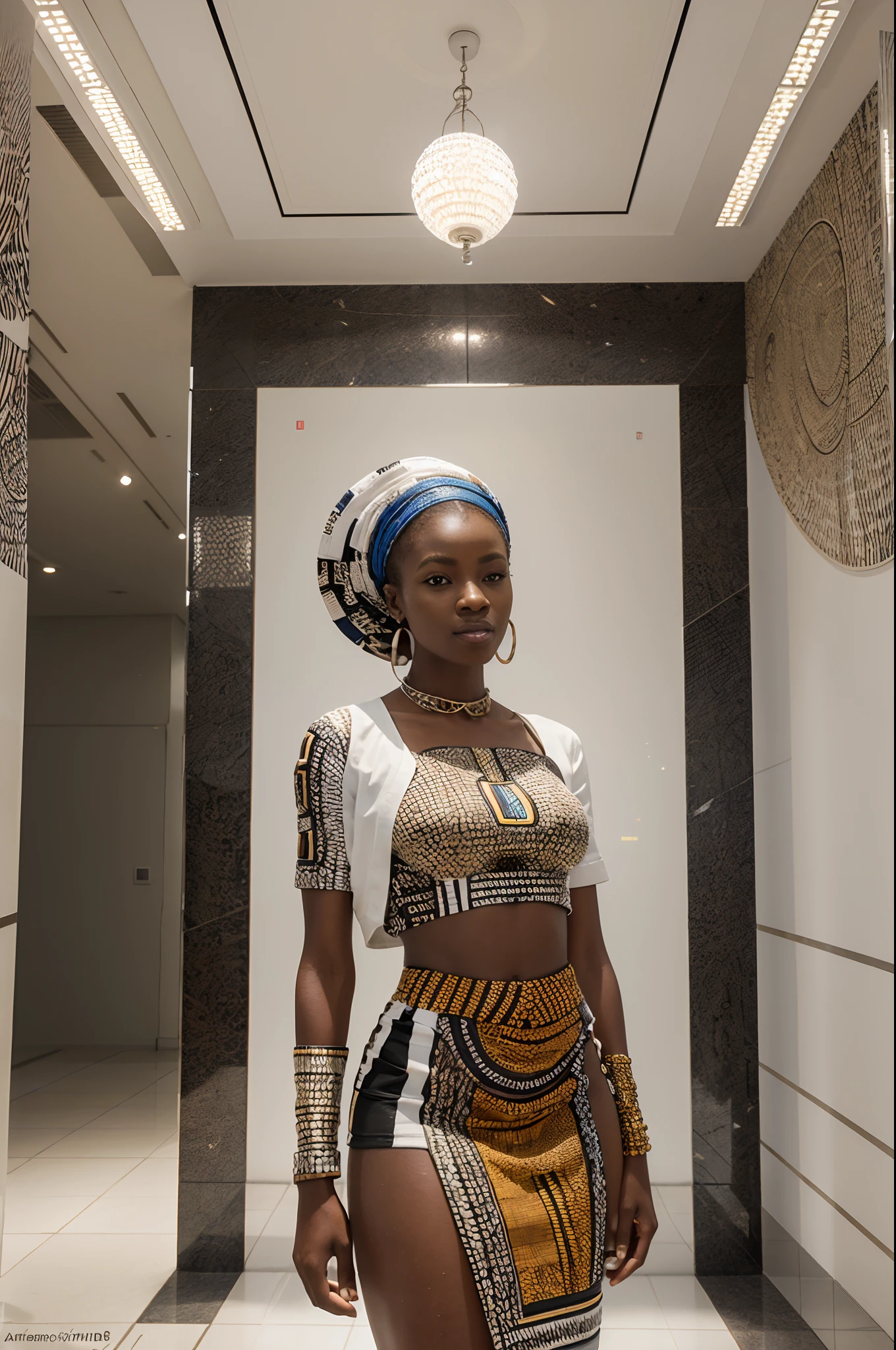 African woman dressed in African designed clothes, standing in museum full of QR code sculptures, white scene and white background with a mix of different colours,  QR code wallpapers and tiles and art work all over the room, light shining with iridescent light, 32k, ultra HD, unreal engine rendered, cinematic lighting, artgerm style,