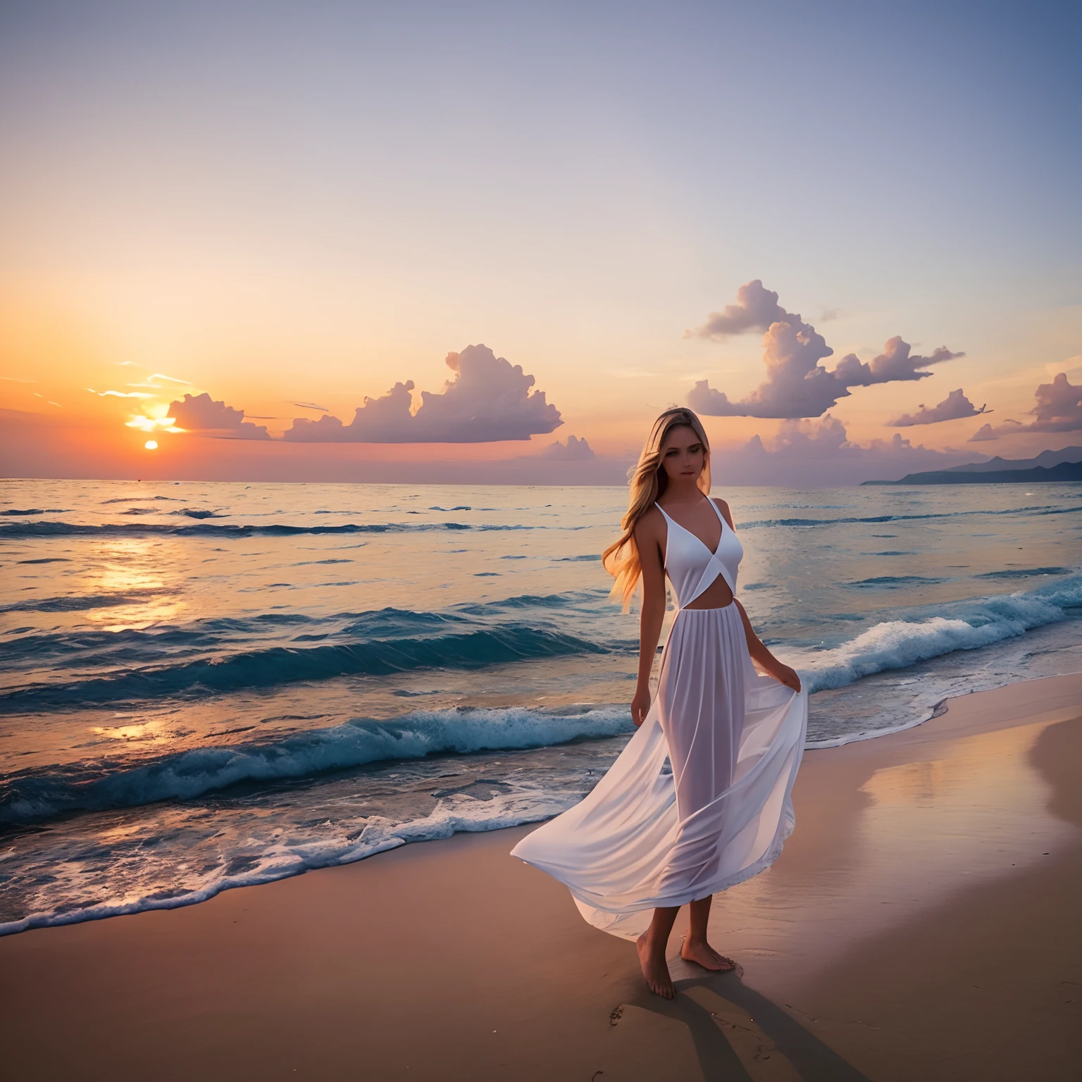 Beautiful beach at sunset、Goddess like a model、Beautiful blonde god々Angel、Perfect slim style、Perfect good looks、Sheer white clothes with a lot of exposure、Island in the distance