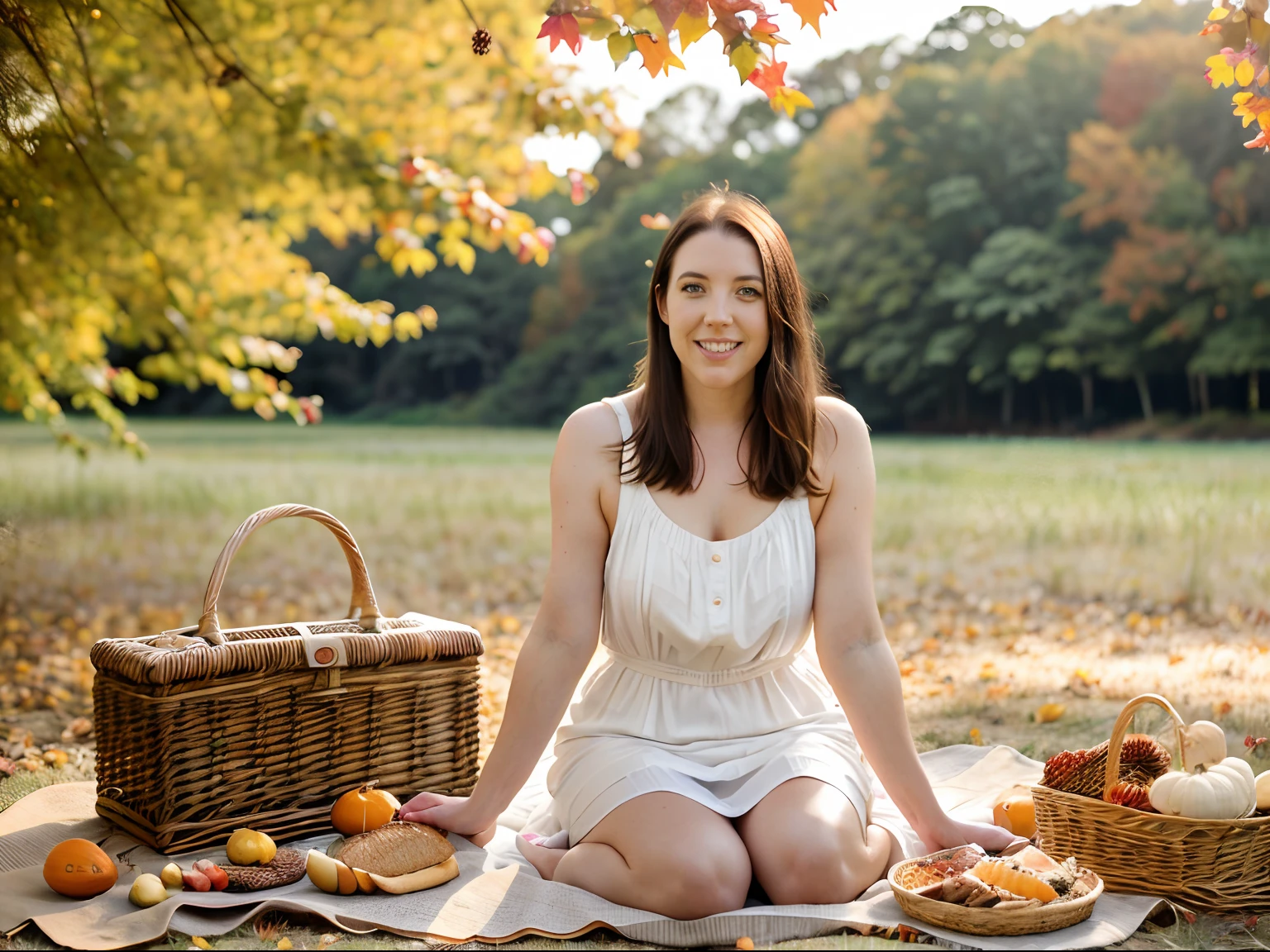 hyper-realistic photo of Angela White, 28 years old (wearing a short, loose white dress) (silky hair, loose hair) (friendly smile) (skin texture), Picnic, picnic basket, bottle, nature, outdoors, trees , grass, bushes, sunny autumn day, autumn colors, analog quality, best shadow, film grain, hight contrast, raw, instagram lut