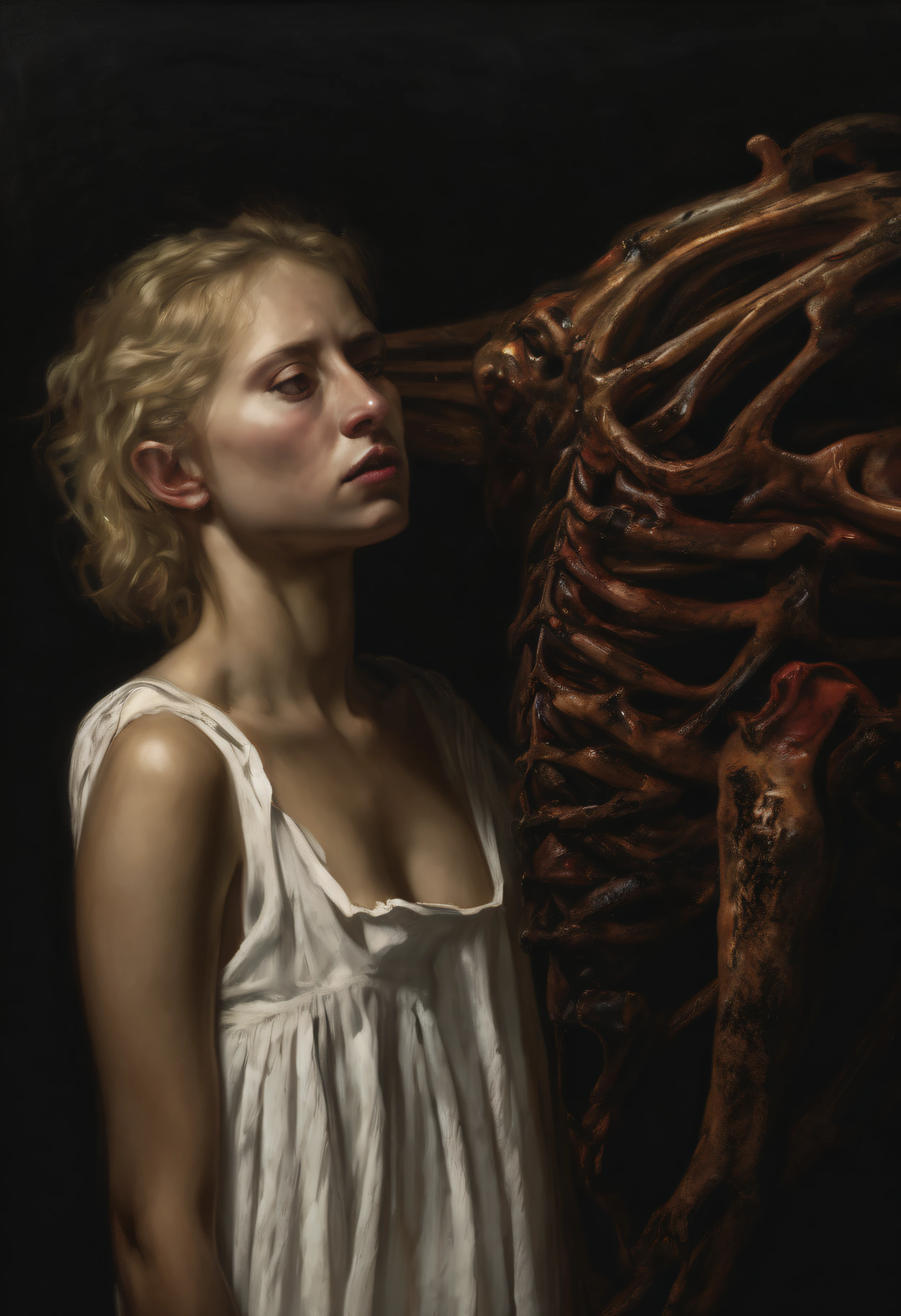 "(The best lighting, alto contraste, oscuro, dramatic),(Chica rubia junto a una cabra negra gigante, Open the rib cage, feto, autopsia, huesos humanos, sangre por las paredes). Luz Caravaggio"