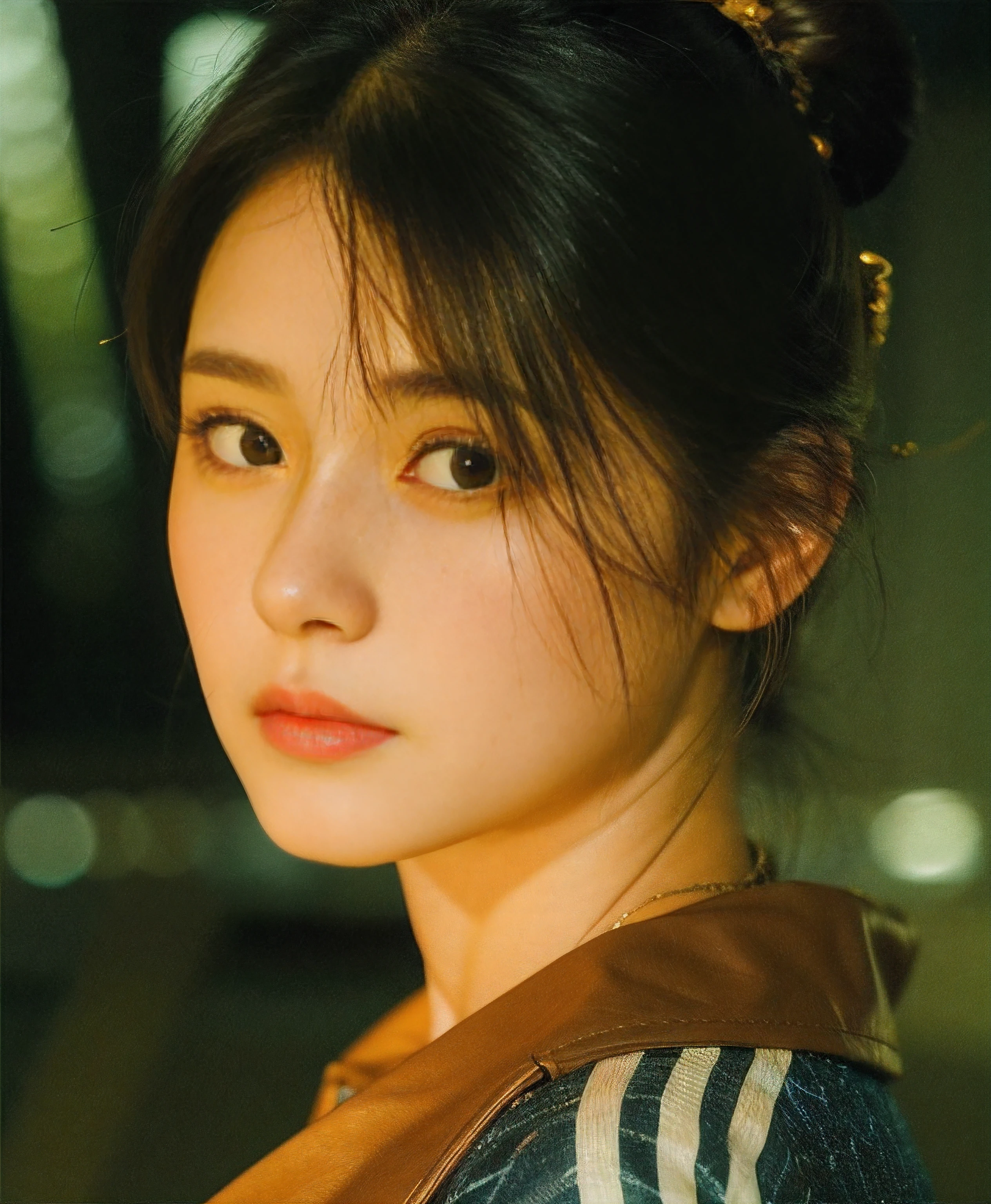 There was a woman in a brown jacket and a blue shirt, Soft portrait shot 8 K, bae suzy, Choi Hyun-hwa, close-up portrait film still, iu lee ji-eun as a super villain, close - up portrait shot, chiho, mid shot portrait, a close up portrait photo, lofi portrait, portrait soft low light