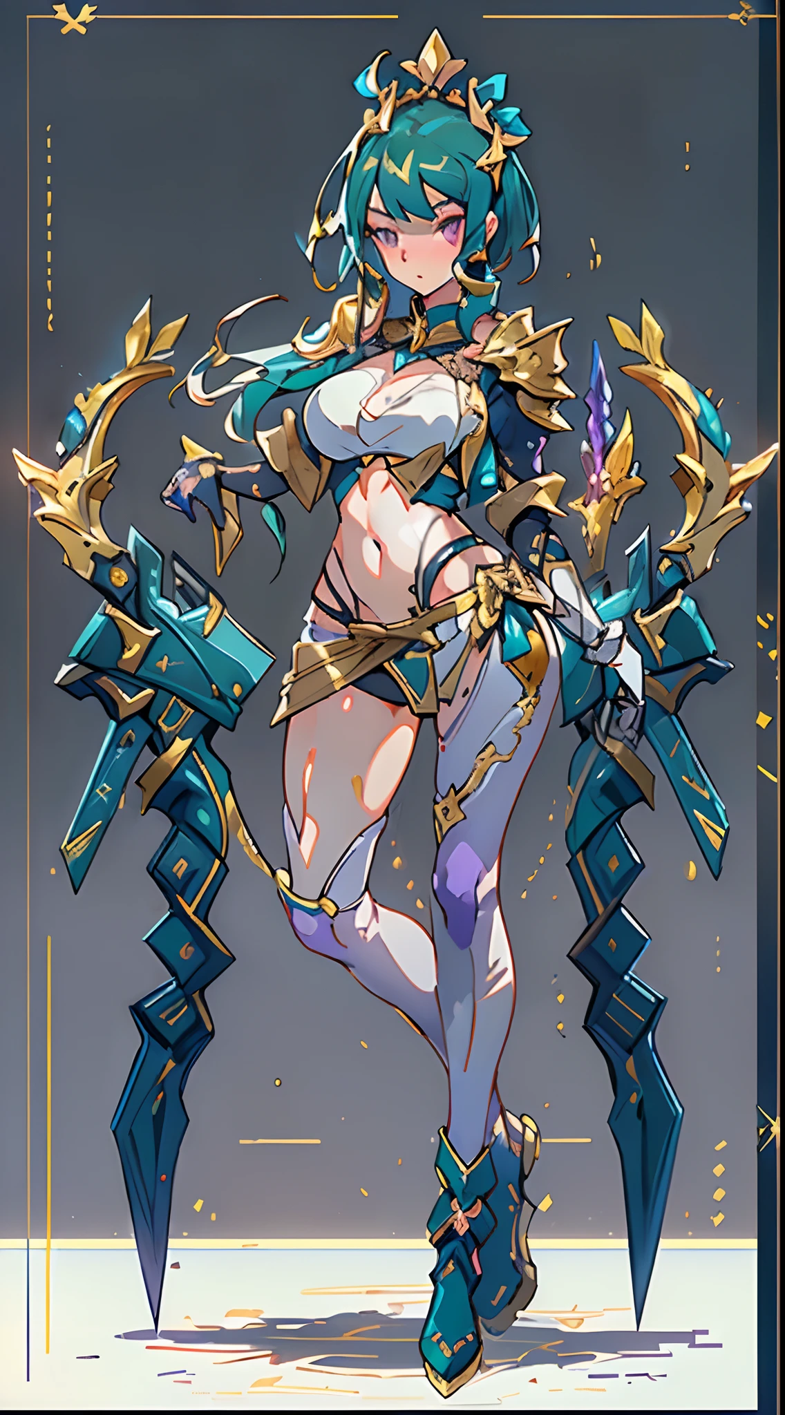 Concevoir une mise en page vitrine Personnage de jeu, ((1fille)), grand_seins. golden+Purple clothing, Elegant and unique, ((Demonstration Weapon:1.4)), Personnel magique, (Masterpiece:1.2), (Best quality), 4K, Ultra-detailed, (Step-by-step design, art de mise en page:1.5), (glowing lighting, atmospheric lighting), Style Final Fantasy, magicien, ((Full-handed glove)), Fran, Voir, (((revealing clothes:1.3))), vambraces, Armored Legwear, (((Plein_corps_tir:1.4))), Niji, back_Vue