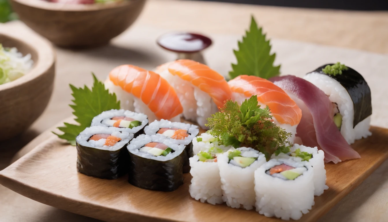 An exquisite and artfully arranged sushi platter, featuring a colorful selection of nigiri and sashimi. The nigiri showcases perfectly seasoned and tender slices of fish, including maguro, hamachi, and salmon, resting atop compact beds of seasoned rice. The sashimi is adorned with delicate daikon flowers and fresh wasabi. The platter is garnished with edible orchids and shiso leaves, adding a touch of elegance. The atmosphere is one of culinary craftsmanship and reverence for the beauty of food. The chosen style for this image is a gourmet food photography session. Using a professional-grade DSLR camera with a prime lens (e.g., a Canon EOS 5D Mark IV with a 50mm f/1.2 lens), the image captures the precise artistry of sushi preparation and the vibrant colors of the dish with exquisite detail. --ar 16:9 --v 5