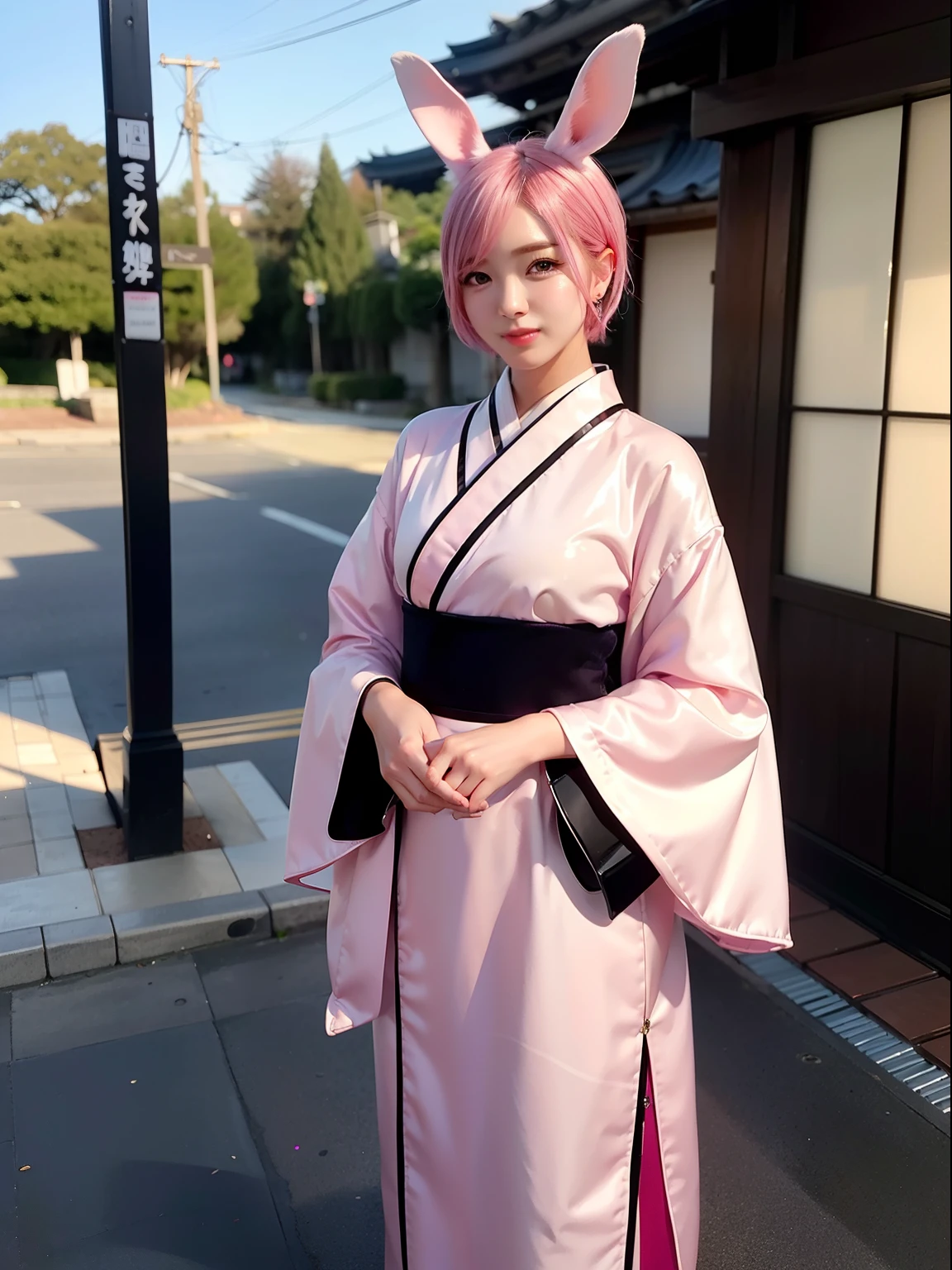 Waiting for the night、Kyoto at night、nighttime scene、Pink short cut hair、traditional Japanese costume、Maiko、White kimono、Pink short cut hair,(8K, top-quality, masterpiece:1.2), (realisitic, Photorealsitic:1.37), ultra-detailliert, 1 girl in, full body Esbian, (Adjusted hair:1.5) 、cute little、独奏、Beautiful detailed sky、(A smile:1.15)、(Mouth closed)、tiny chest、Eyes in Beautiful Details、(short-hair:1.2)、Floating Hair NovaFrogStyle、masuter piece、Pink Shortcut Bob、Realistic rabbit ears、Pink realistic rabbit ears、Realistic ears of rabbits sticking out of the head、Pink hair、Beautiful girl in her 20s、Bewitching atmosphere、Beautiful shaped hands、K-POP、Pink rabbit ears、1 girl in、独奏、masterpiece、top-quality、realisitic、Hyper-detailing、(Glossy skin:1.4)、absurderes、short pink hair、Slender beauties、动态照明、hight resolution、foco nítido、depth of fields、(thick thight:1.0)、A slender :1.2,((Short-cut bob hair))、((k pop:1.3)),Highly detailed facial and skin texture、((魅惑的)),Anatomically correct number of fingers,Correct anatomy