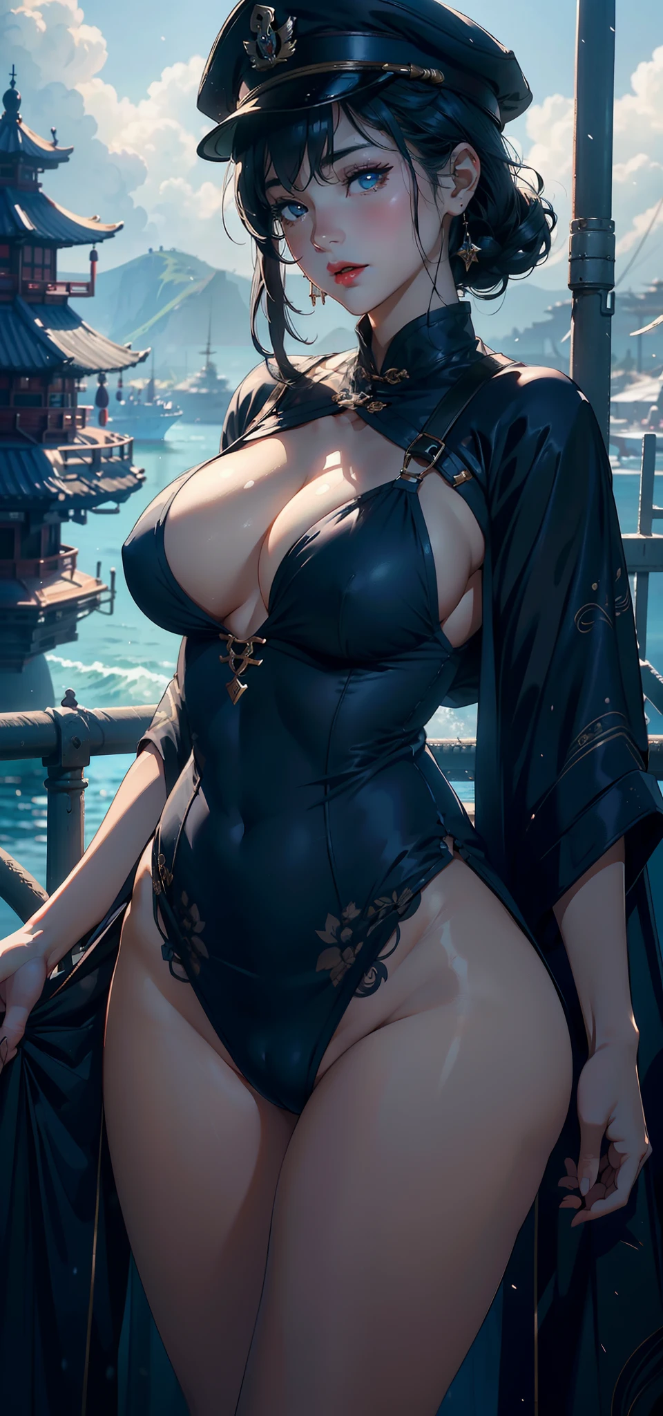 1female,45 yers old,Married Woman,熟妇,mature,plumw,extremely large bosom,Big breasts Thin waist,long leges, 独奏,(Background with:warships,the sea) She has short black hair,bobo head,,seen from the front, standing in forest, mostly cloudy sky,(((tmasterpiece),(Very detailed CG unity 8K wallpaper),best qualtiy,cinmatic lighting,detailed back ground,beatiful detailed eyes,Bright pupils,Black eyes,Snow-whiteskin,Redlip(Very fine and beautiful),(Beautiful and detailed eye description),ultra - detailed,tmasterpiece,))facing at camera,A high resolution,ultra - detailed),revealing breasts,Bare genitalia, Bulge,legs are open,Raised sexy,Camel toes,Flushed complexion,Desire for dissatisfaction,frontage,Chinese Navy(Wearing:military hat,Blue by Capelet)