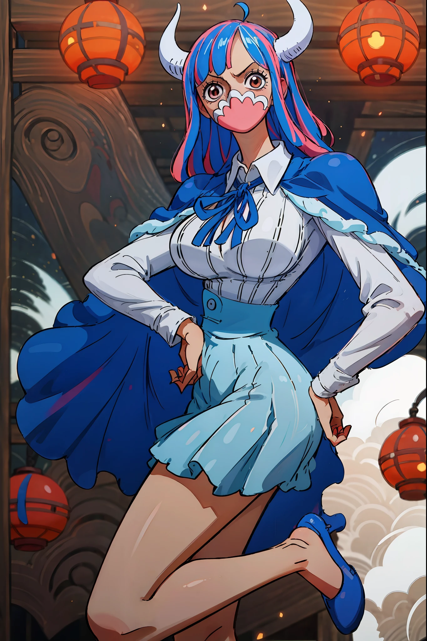 Ulti from One Piece, solo, night time, feudal Japanese castle, indoors, wood, wearing a long-sleeved minidress that is white and pleated above the waist, with a blue bow below a point collar, darker-blue cape trimmed with light-blue fur on its edges, and red high heels, masterpiece, best quality, highly detailed.