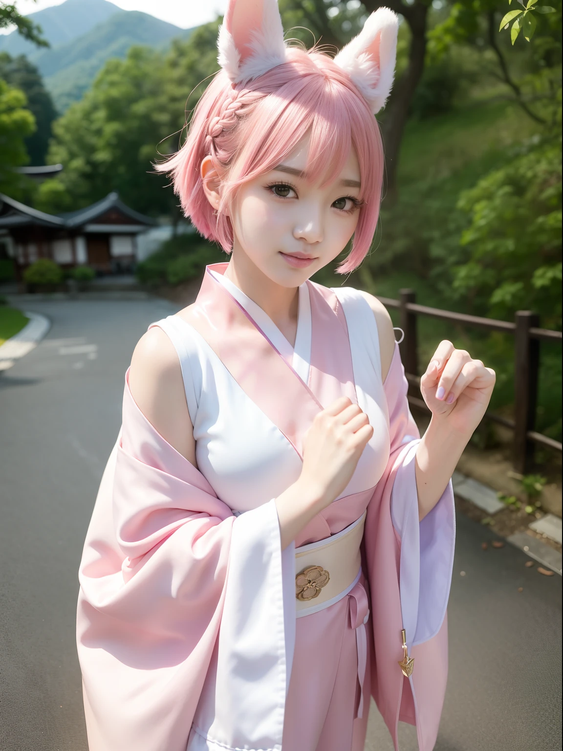 Pink hair shorthair、hime-cut、Girl with golden eyes、View of the crotch from below、flat chest、Thin pubic hair、Beautiful open legs、shrine maiden