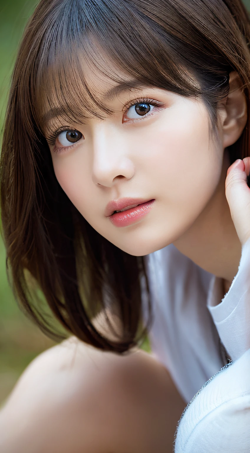 finely detail, hight resolution, hightquality、Perfect dynamic composition, Beautiful detailed eyes, Medium Hair, small tits、Natural Color Lip,Kamimei、30-year-old girl、1 persons、Transparent skin、Glowing hair、masutepiece, Best Quality, Illustration, Ultra-detailed, finely detail, hight resolution, 8K、The correct state of the human body、crouching down、Gravure Model Pose，Hair soaring in the wind