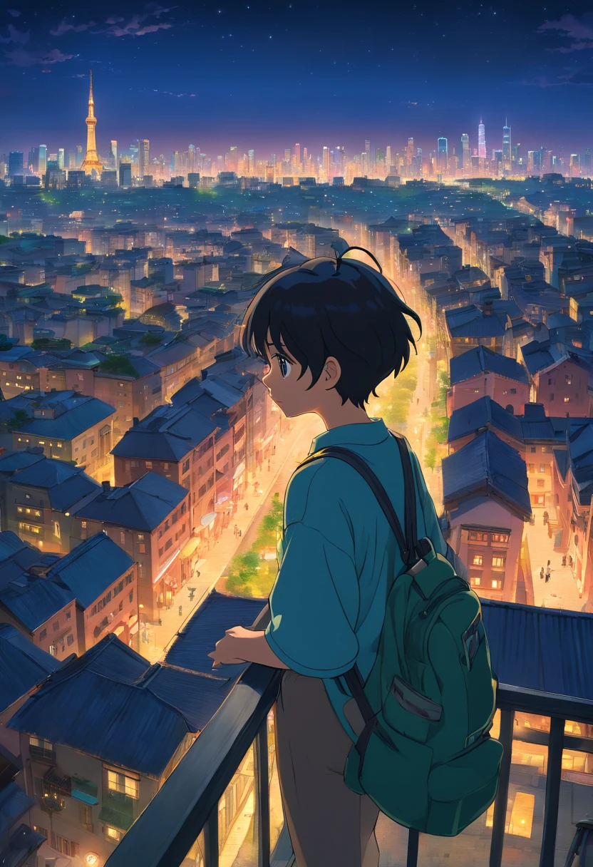 (best quality,4k,highres,masterpiece:1.2),ultra-detailed,(realistic,photorealistic,photo-realistic:1.37),dark,night scenery,boy,wearing short-sleeved shirt,cityscape,overlooking,distant twinkling lights,starlit sky,skyscraper,serene ambiance,luminous glow,hazy atmosphere,tranquil summer night,picturesque view,shadowy corners,deep sense of mystery,nocturnal beauty,captivating charm,whispering breeze,silhouette of buildings,reverie-inducing sight,flickering streetlights,eerie allure,hint of adventure,illuminated windows,twinkling city lights,dreamlike backdrop,lone figure standing at the edge,awe-inspiring panorama,revealing a world of promises,escape from reality,serendipitous encounter,majestic skyscrapers,vibrant urban life,magical enchantment,summertime bliss,unforgettable moment,starlit dreams.