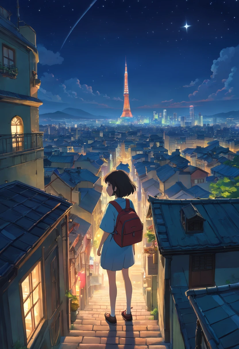 (best quality,4k,highres,masterpiece:1.2),ultra-detailed,(realistic,photorealistic,photo-realistic:1.37),dark,night scenery,boy,wearing short-sleeved shirt,cityscape,overlooking,distant twinkling lights,starlit sky,skyscraper,serene ambiance,luminous glow,hazy atmosphere,tranquil summer night,picturesque view,shadowy corners,deep sense of mystery,nocturnal beauty,captivating charm,whispering breeze,silhouette of buildings,reverie-inducing sight,flickering streetlights,eerie allure,hint of adventure,illuminated windows,twinkling city lights,dreamlike backdrop,lone figure standing at the edge,awe-inspiring panorama,revealing a world of promises,escape from reality,serendipitous encounter,majestic skyscrapers,vibrant urban life,magical enchantment,summertime bliss,unforgettable moment,starlit dreams.