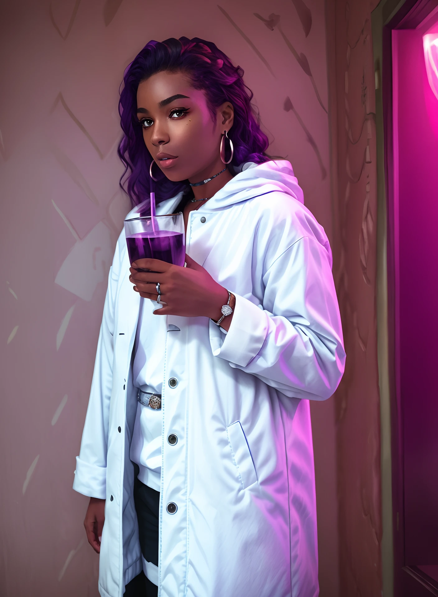 Chicken with white a coat with Jordan 1s and a diamond chain while having a cup with purple juice in
