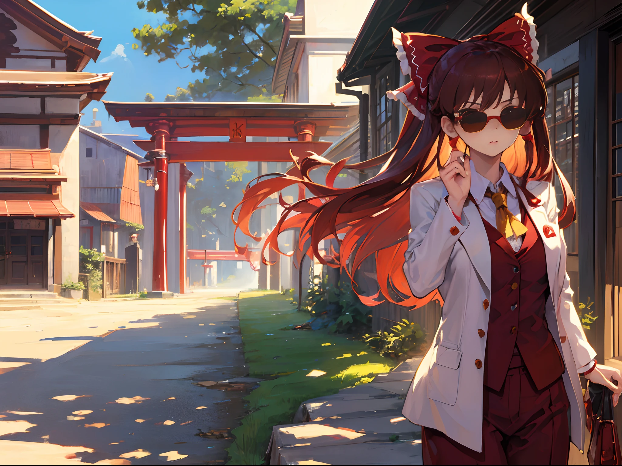 (masterpiece), best quality, expressive eyes, perfect face, (((1girl))), Digital art, expressive colors, Reimu, touhou, (((sunglasses))), cool, brown hair, red hair bow, (((wearing fancy suit))), shrine, money