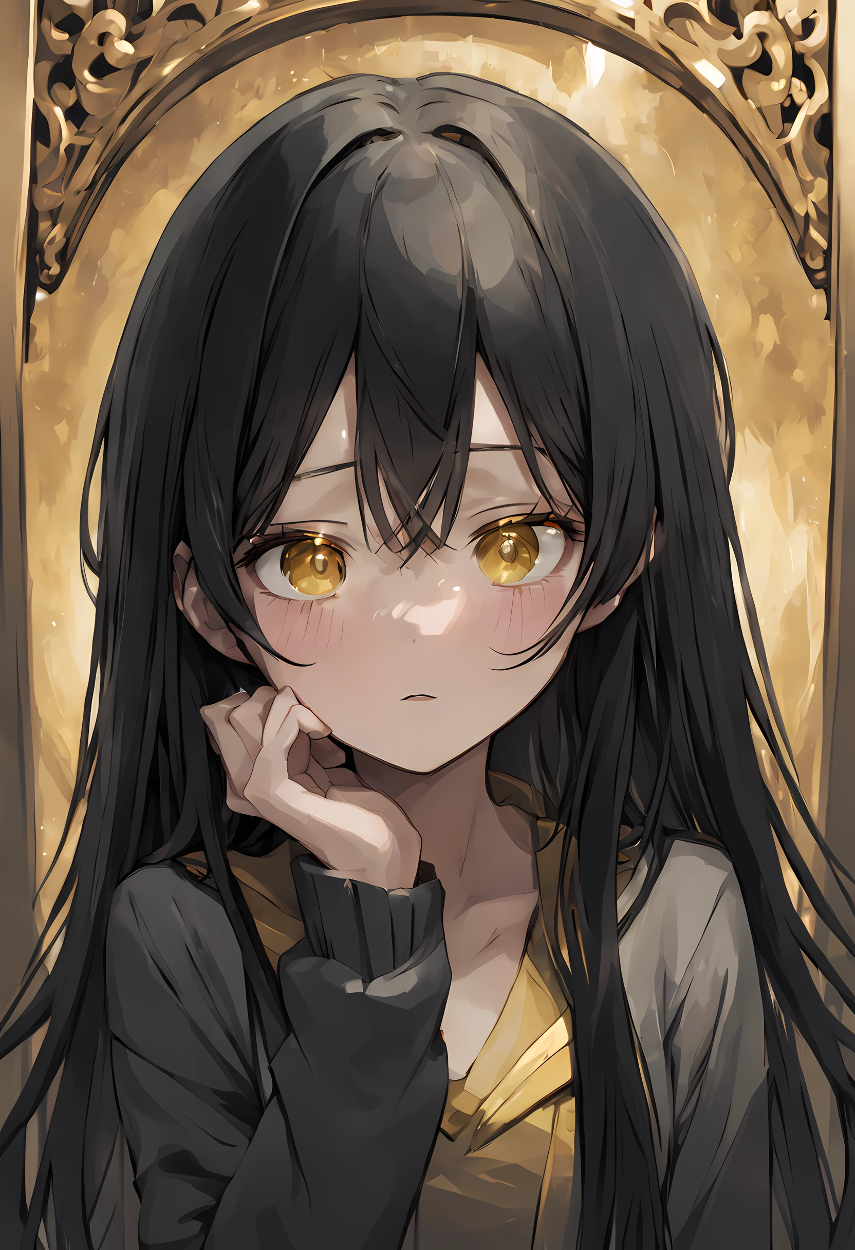 young anime girl, long black straight hair, framing her face, fair skin, shy expression, golden eyes, pretty, high quality, high definition, mastepiece