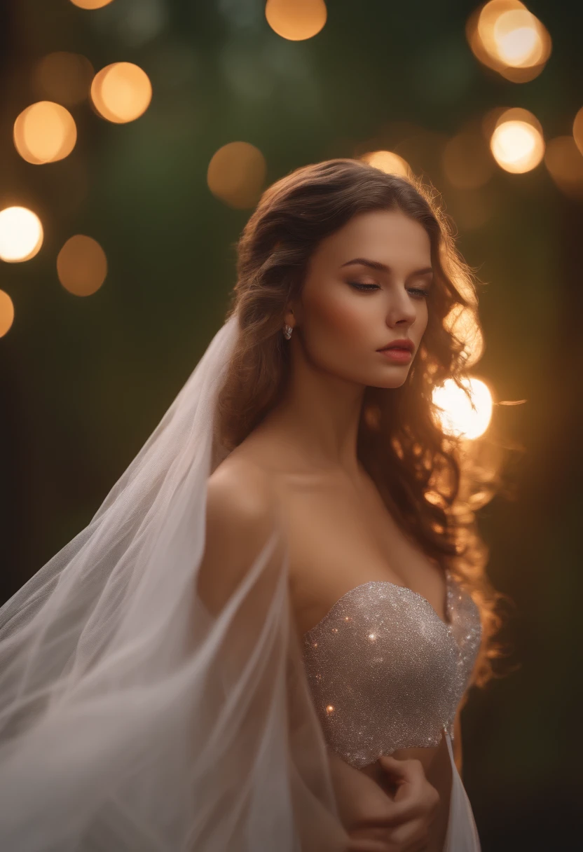 Scene where there is a very pretty girl with long brown hair with curls and brown eyes singing and dancing with a microphone in hand, su vestido es de luces led, is accompanied on the set by a Rich Thomsen-style boy who is playing guitar., en el escenario hay luces led y plantas verdes y flores que se iluminan