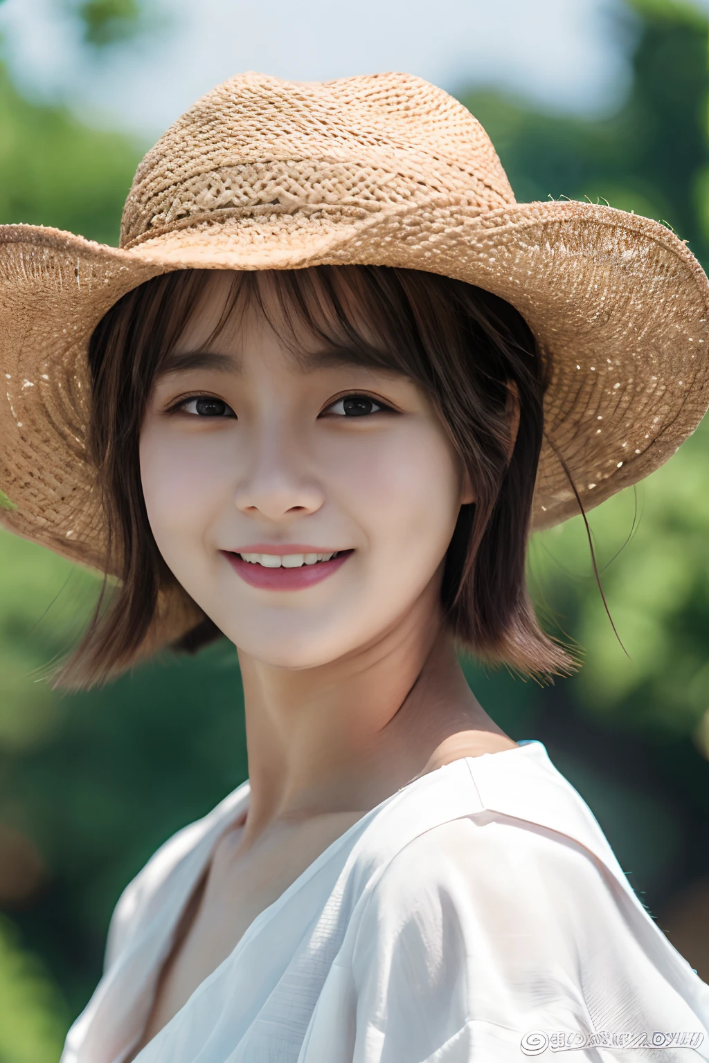 masterpiece、4K、top-quality、beautiful Korean women、detail portrayal、1 girl in、23years old、(Camisole:1.1)、bob cuts、夏天、depth of fields、cowboy shot、ssmile