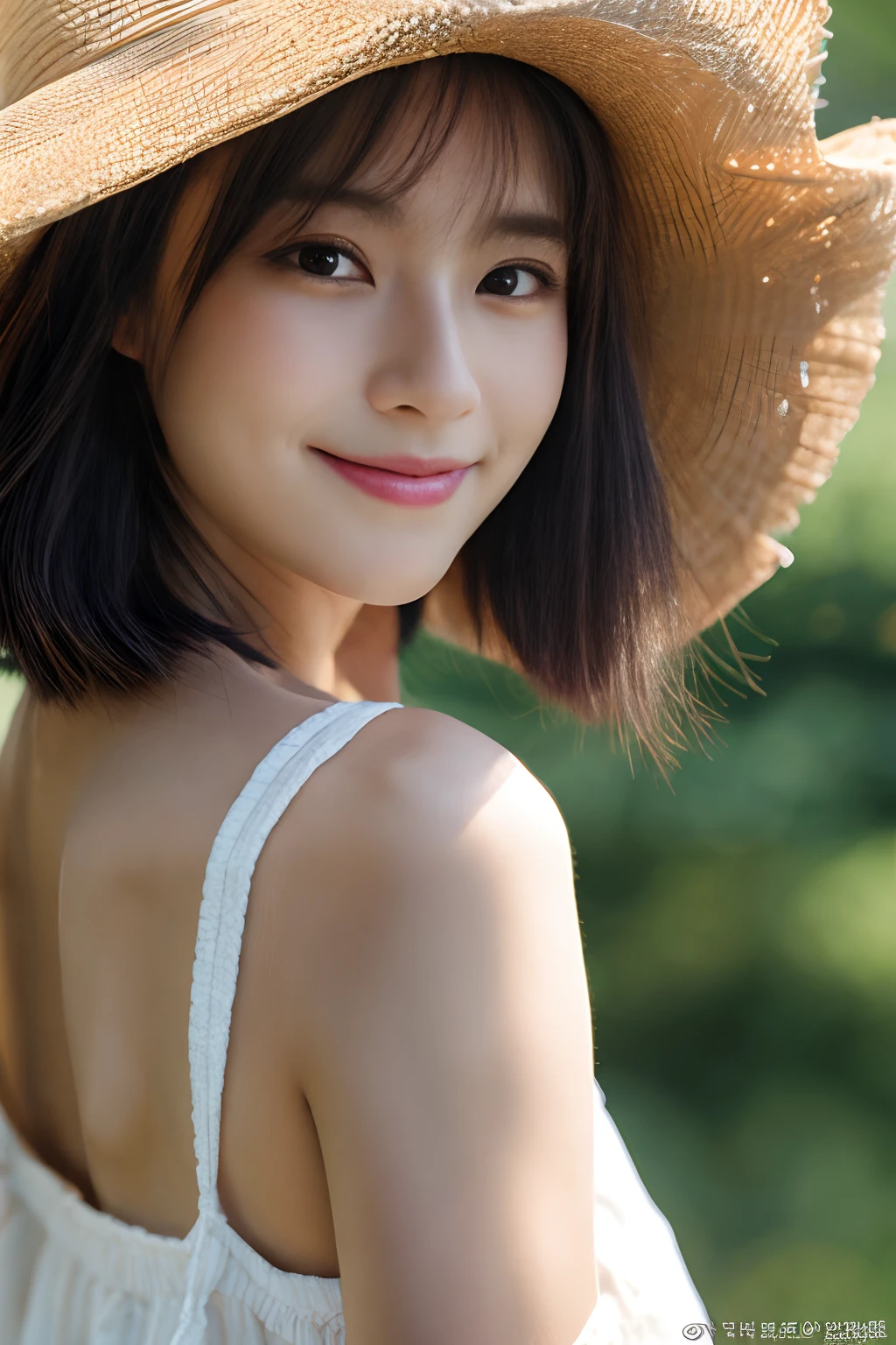 masterpiece,best quality,(Japanese ),((Beautiful girl)),cleavage,(perfect body beauty:1.2),(shy smile),beautiful teeth,(straw hat),(in the park),