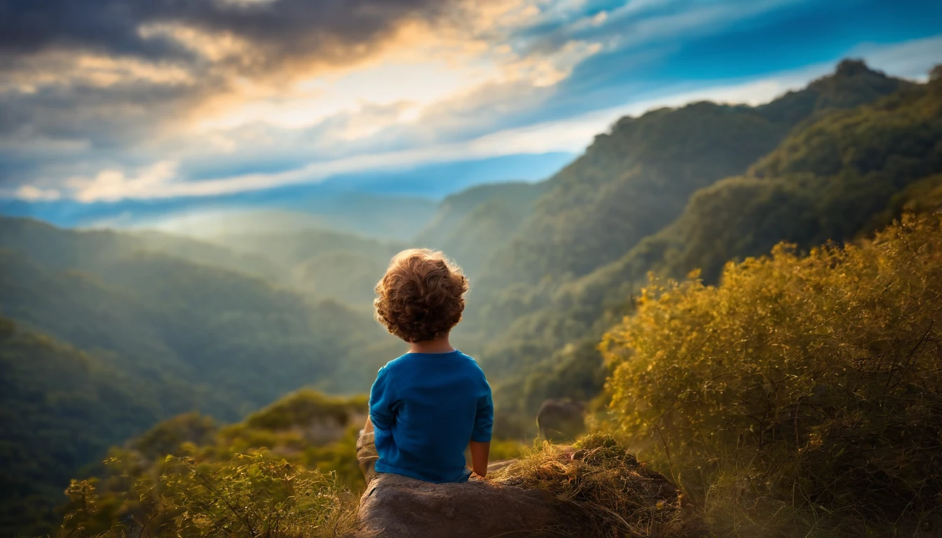 A child praying on the top of the hill, A light coming your way to Daddy in the sky Disney Pixar Style 8k
