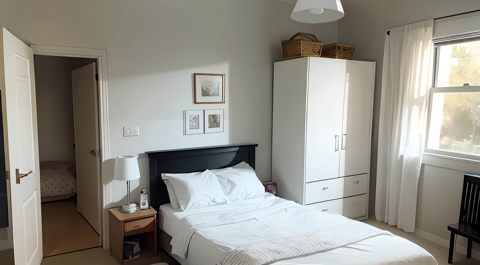 Inside a white bedroom, view of the door. corner of bed in view with night stand with white lamp on it, chair beside the night stand where people read bedtime stories