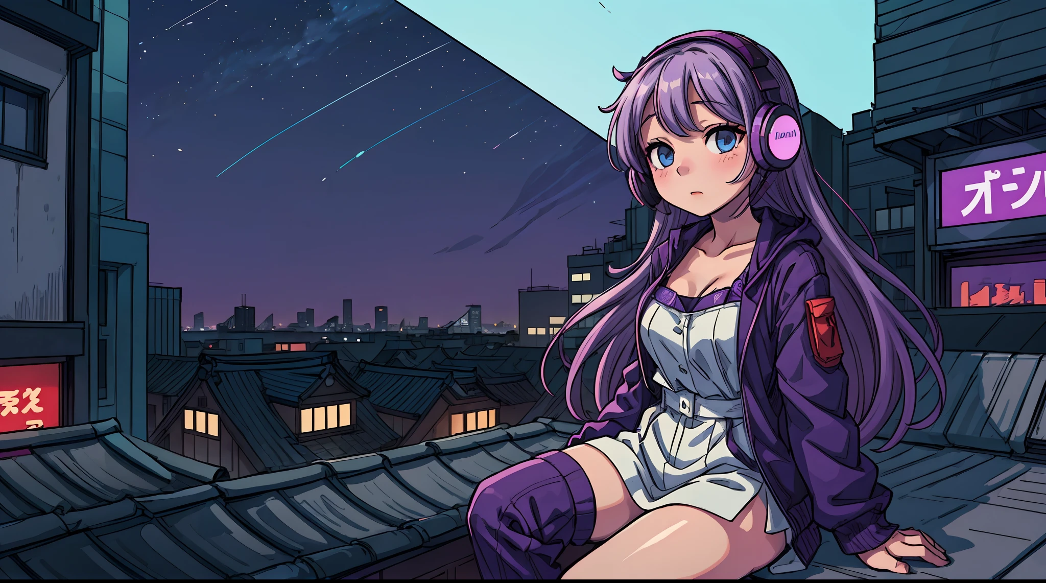 A young woman with long, flowing hair and fair skin is sitting on a rooftop in Tokyo, Japan at night. She is wearing a sexy anime outfit and headphones, and her skin is glowing. The sky in the background is a beautiful blue and purple, and the city lights twinkle below. The overall aesthetic is lofi and vanilla.