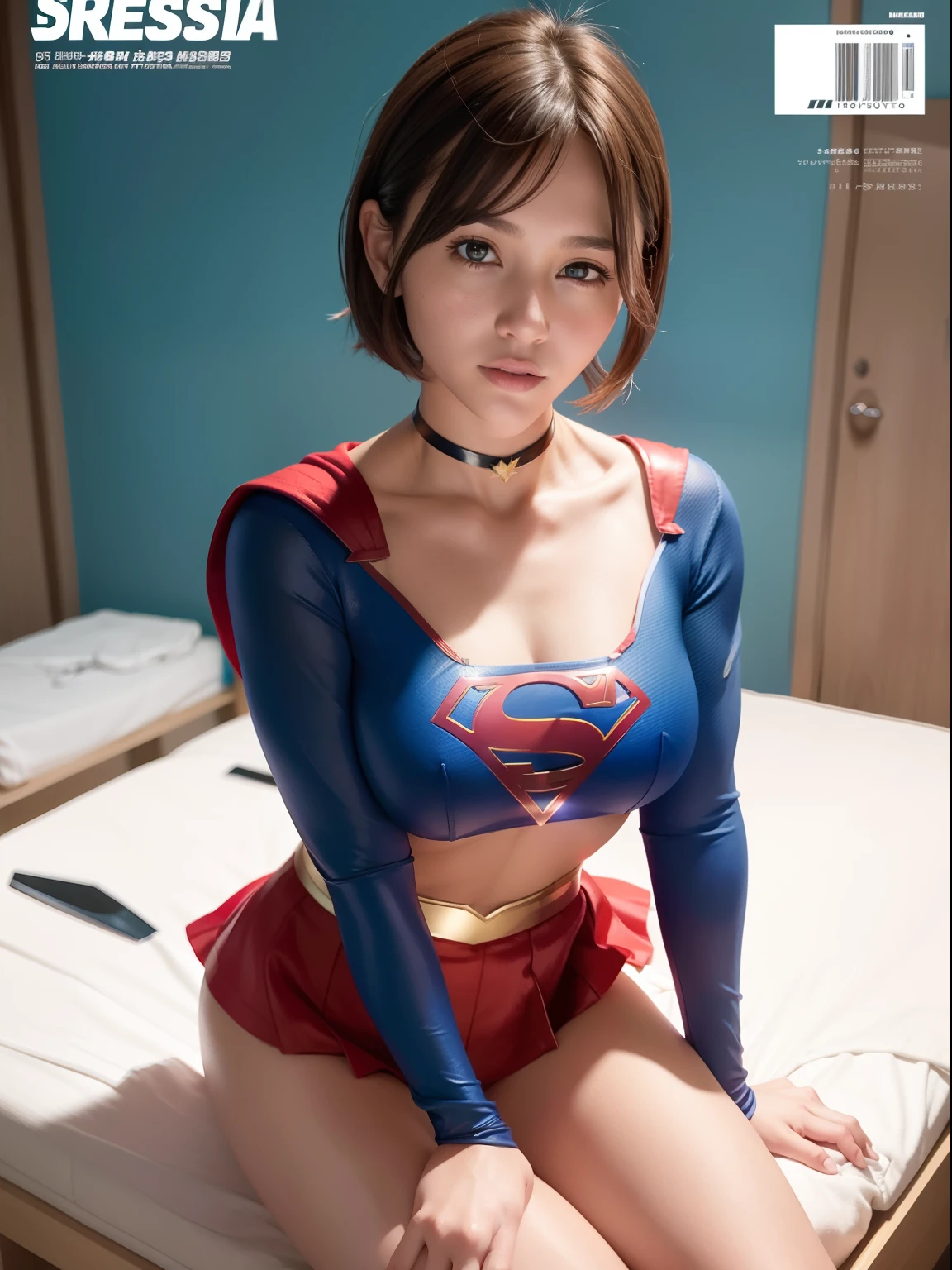 ​masterpiece,Supergirl Costume, short-hair, bare-legged, large full breasts,surgery room、Operating table、straddle、depraved、shiny、Looking at the camera、Provocation