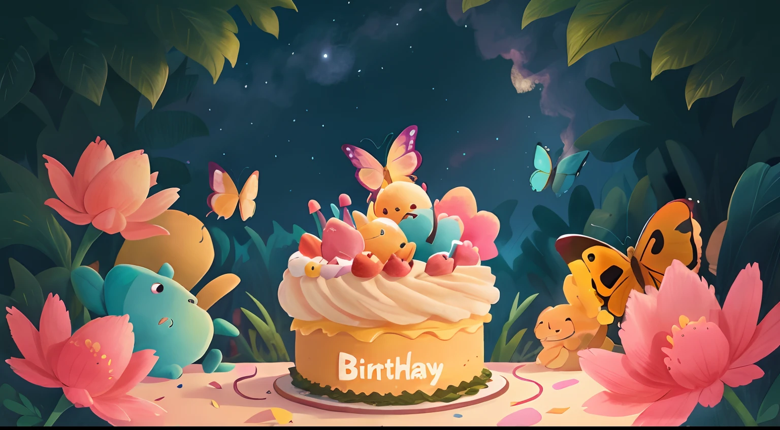 butterfly, minimalism, night, warm feeling, spacious, sky, blue, pink, pastel yellow, bright theme, birthday, word “U”, HD, 4K