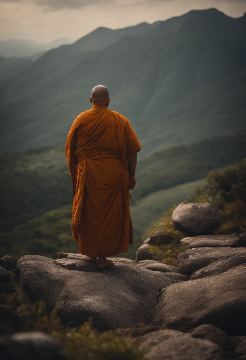 obese monk on top of a mountain