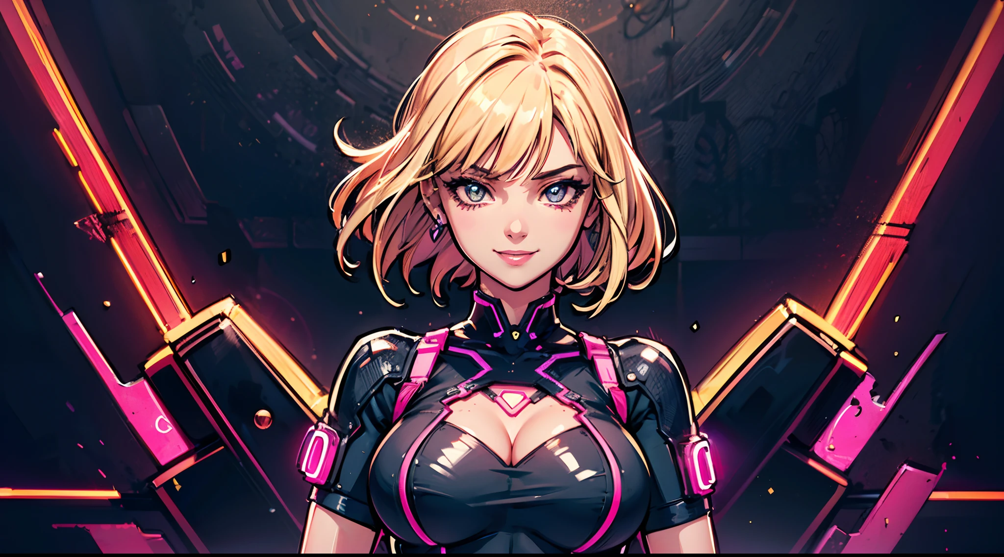 beautiful, linework, thick outlines, strong shadows,(1 girl,solo: 1.3), adult woman, (detail eyes:1.3), upper body, night, (neon background:1.2), happy, clean design, standing, front split dress, smile, navel, wide hip