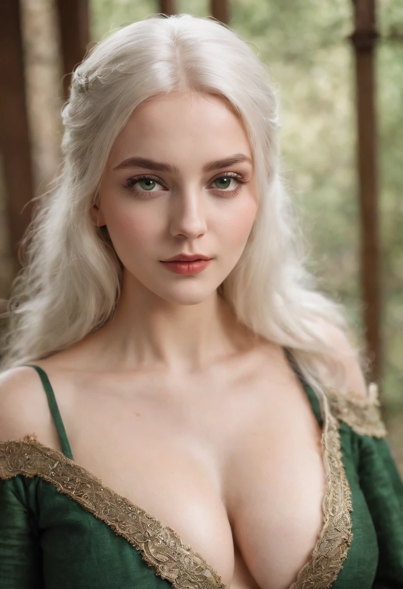 (((Very large breasts) but )) fair complexion, woman around 19 years old, natural white hair, distinctive green eyes, wearing kohl, slender and graceful, beautiful, candlelight in a medieval setting, ultra sharp focus, realistic shot, medieval female clothes, tetradic colors (scar:1.4)