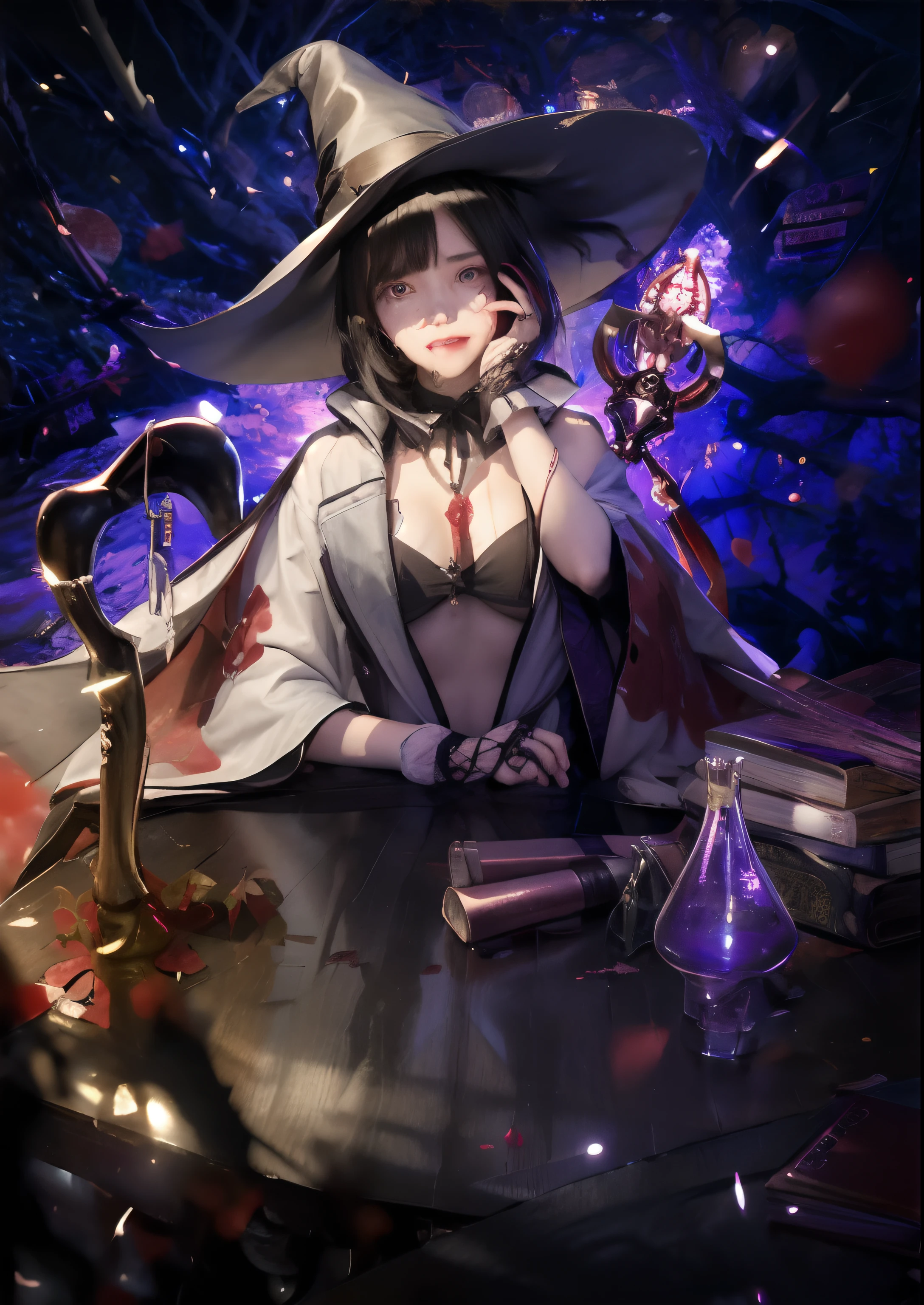 anime girl with blood on her face sitting at a table, zerochan art, by Kamagurka, by Yuumei, from touhou, alchemist girl, black - haired mage, witch academia, witch girl, from the black mage cemetery!!!, castlevania witch, kawacy, flirty anime witch casting magic, zerochan